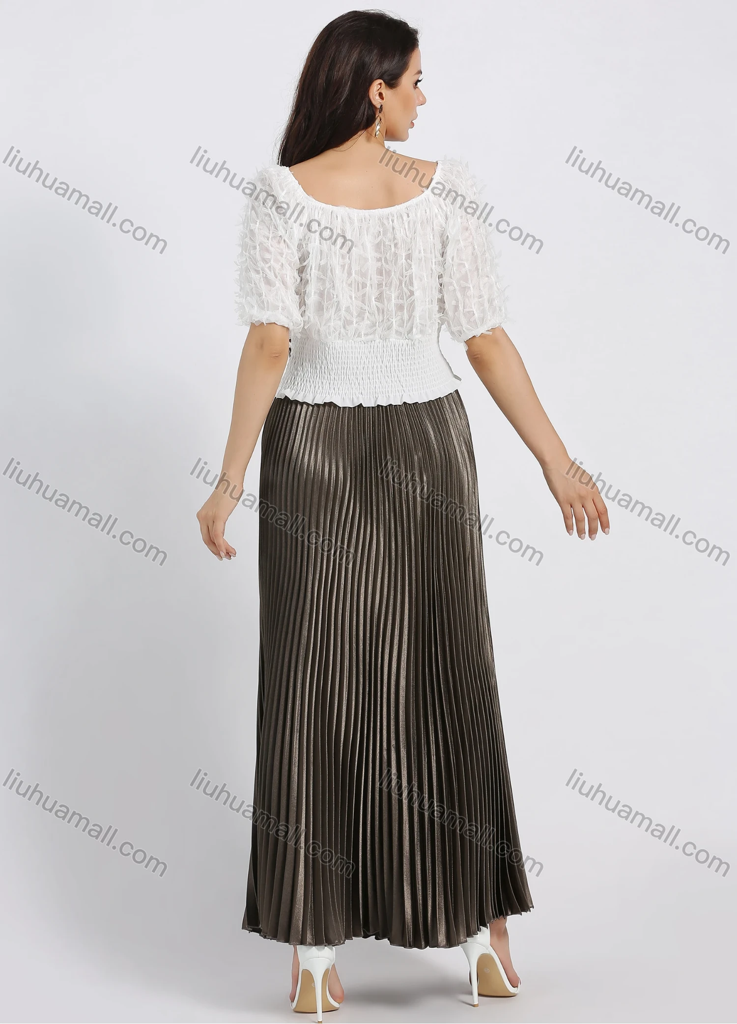 Wholesale Women's Elegant Satin Plain Pleated Maxi Skirt - Liuhuamall