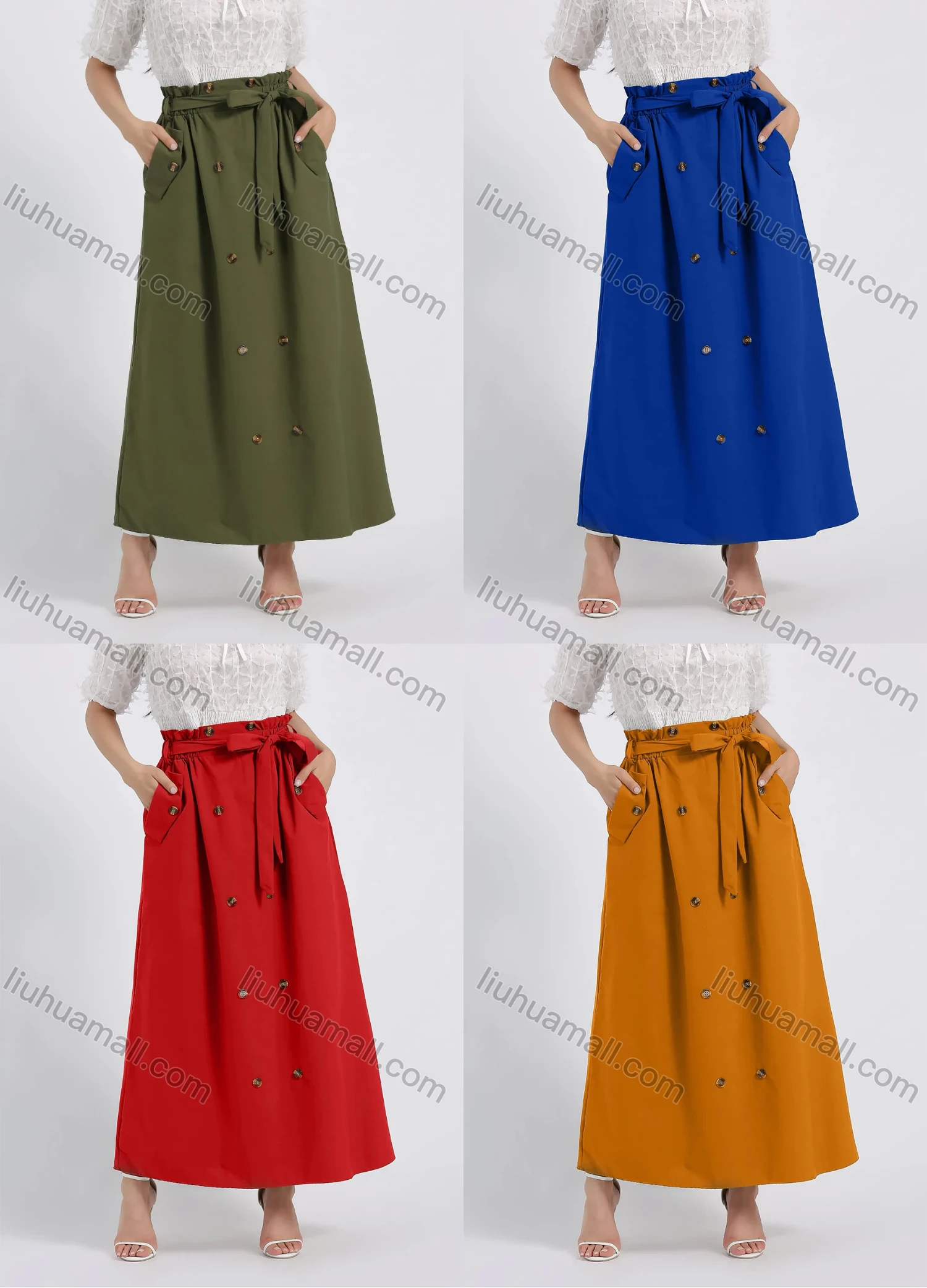 Wholesale Women's Casual Button Decor A-Line Plain Maxi Skirt With Belt - Liuhuamall