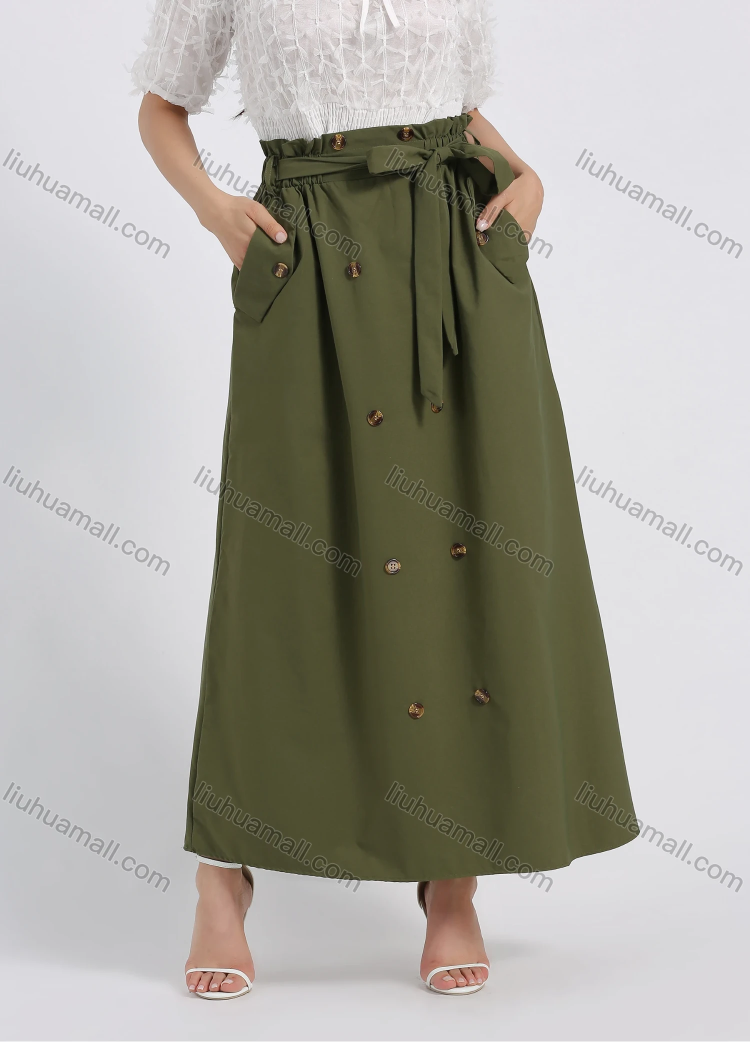 Wholesale Women's Casual Button Decor A-Line Plain Maxi Skirt With Belt - Liuhuamall