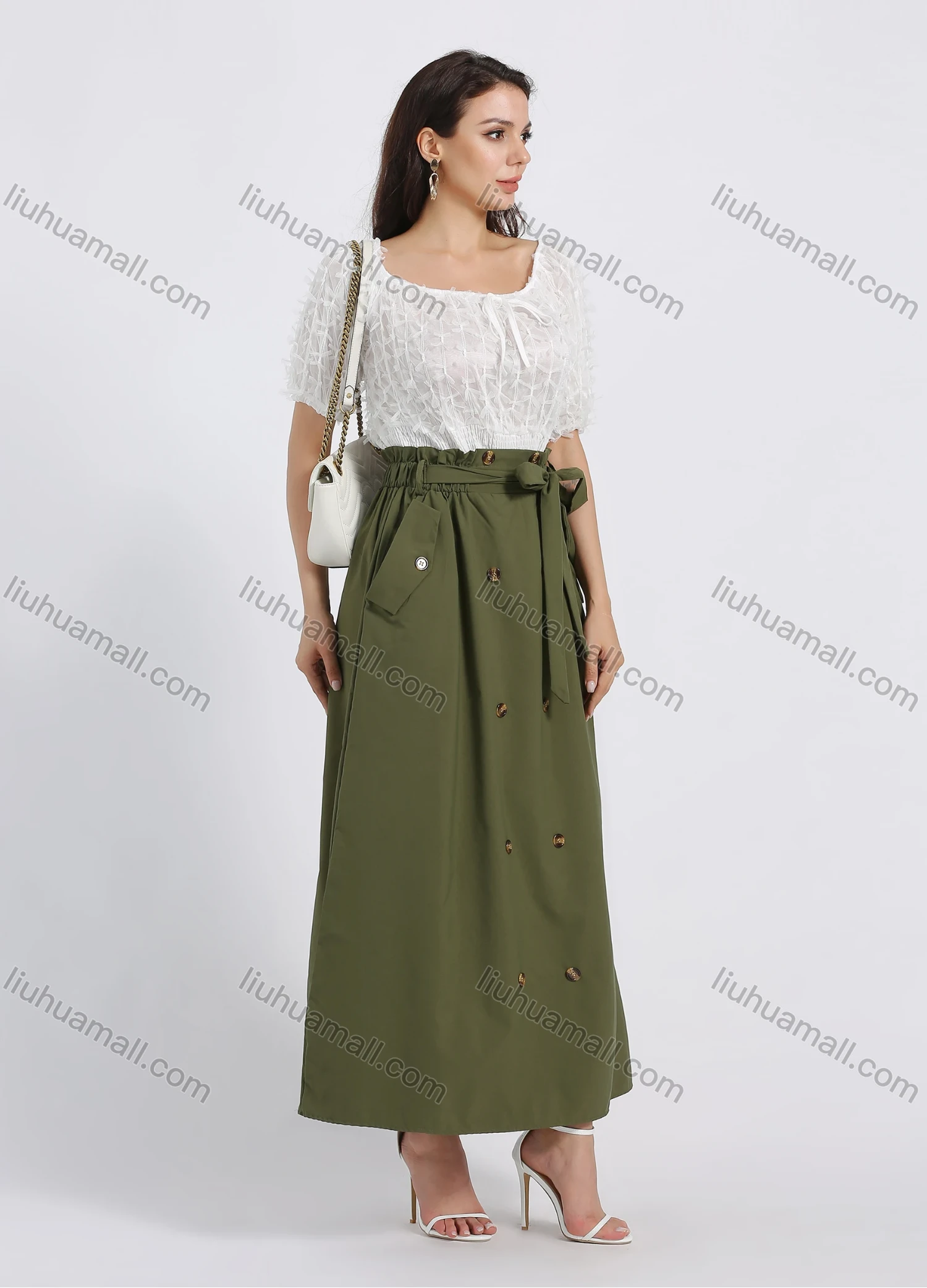 Wholesale Women's Casual Button Decor A-Line Plain Maxi Skirt With Belt - Liuhuamall