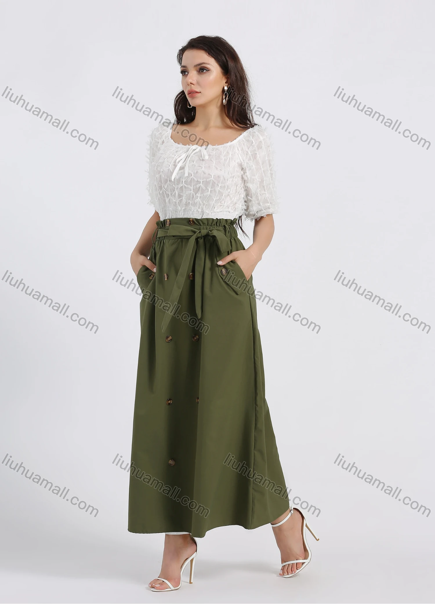 Wholesale Women's Casual Button Decor A-Line Plain Maxi Skirt With Belt - Liuhuamall