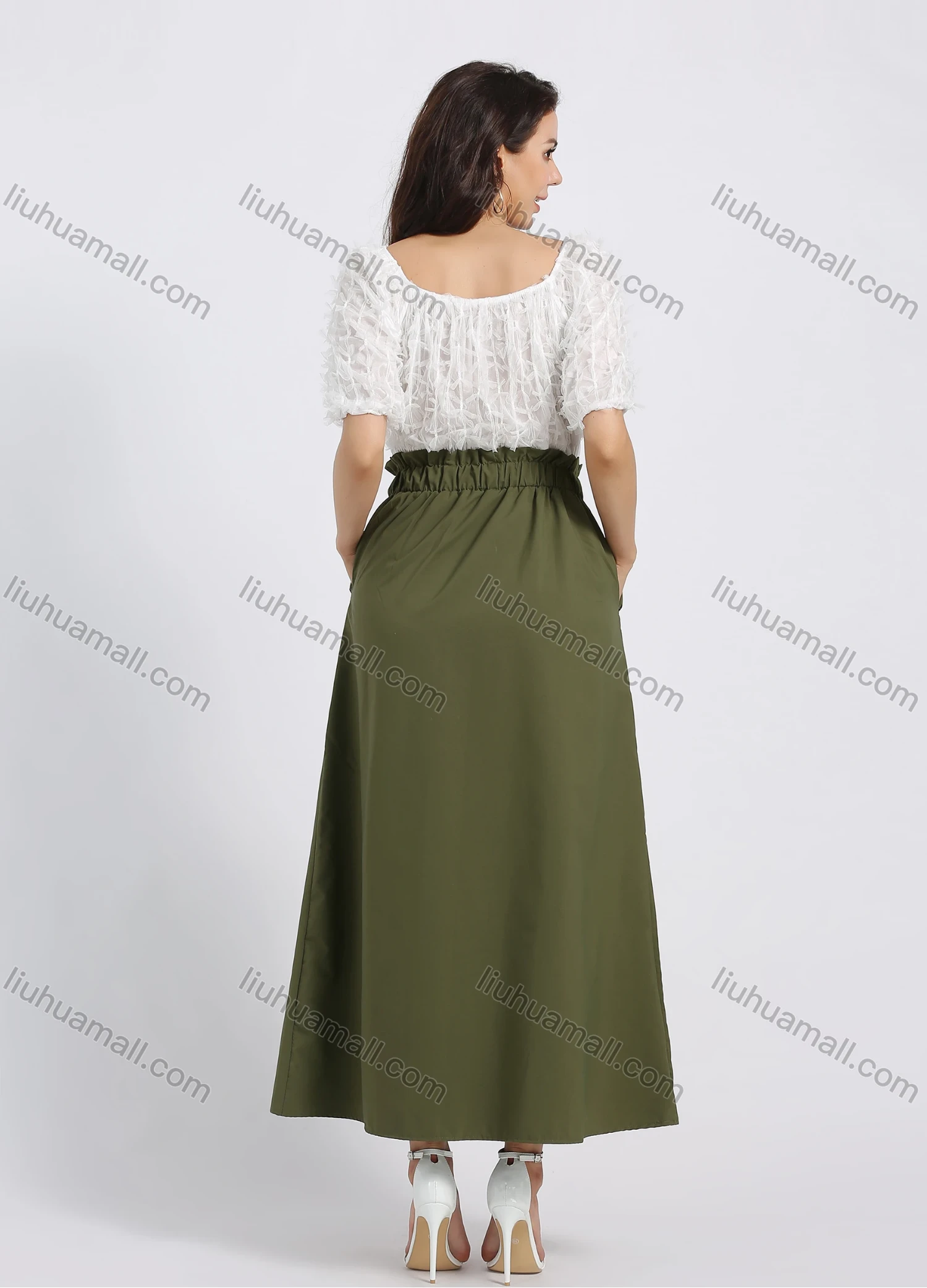 Wholesale Women's Casual Button Decor A-Line Plain Maxi Skirt With Belt - Liuhuamall
