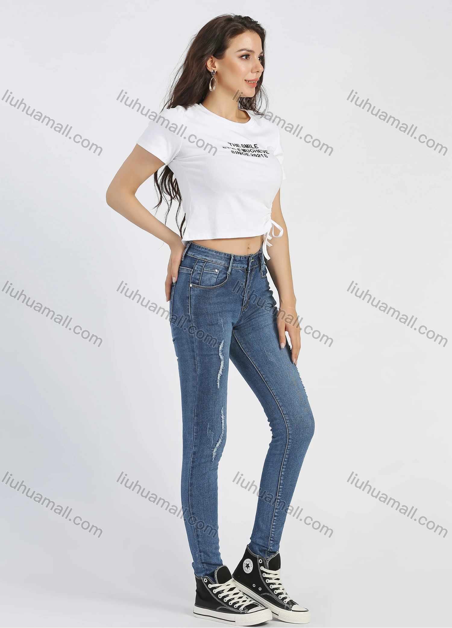 Wholesale Women's Casual 5 Pocket High Waist Zip Fly Ripped Distressed Skinny Jean - Liuhuamall