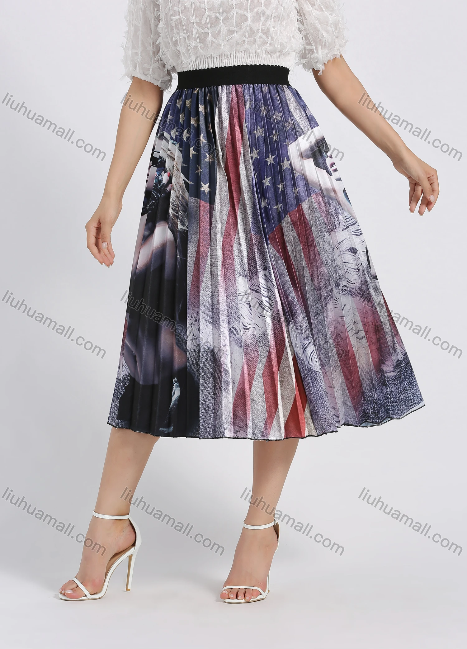 Wholesale Women's Fashion Flag & Figure Print Pleated Elastic Waist Midi Skirt - Liuhuamall