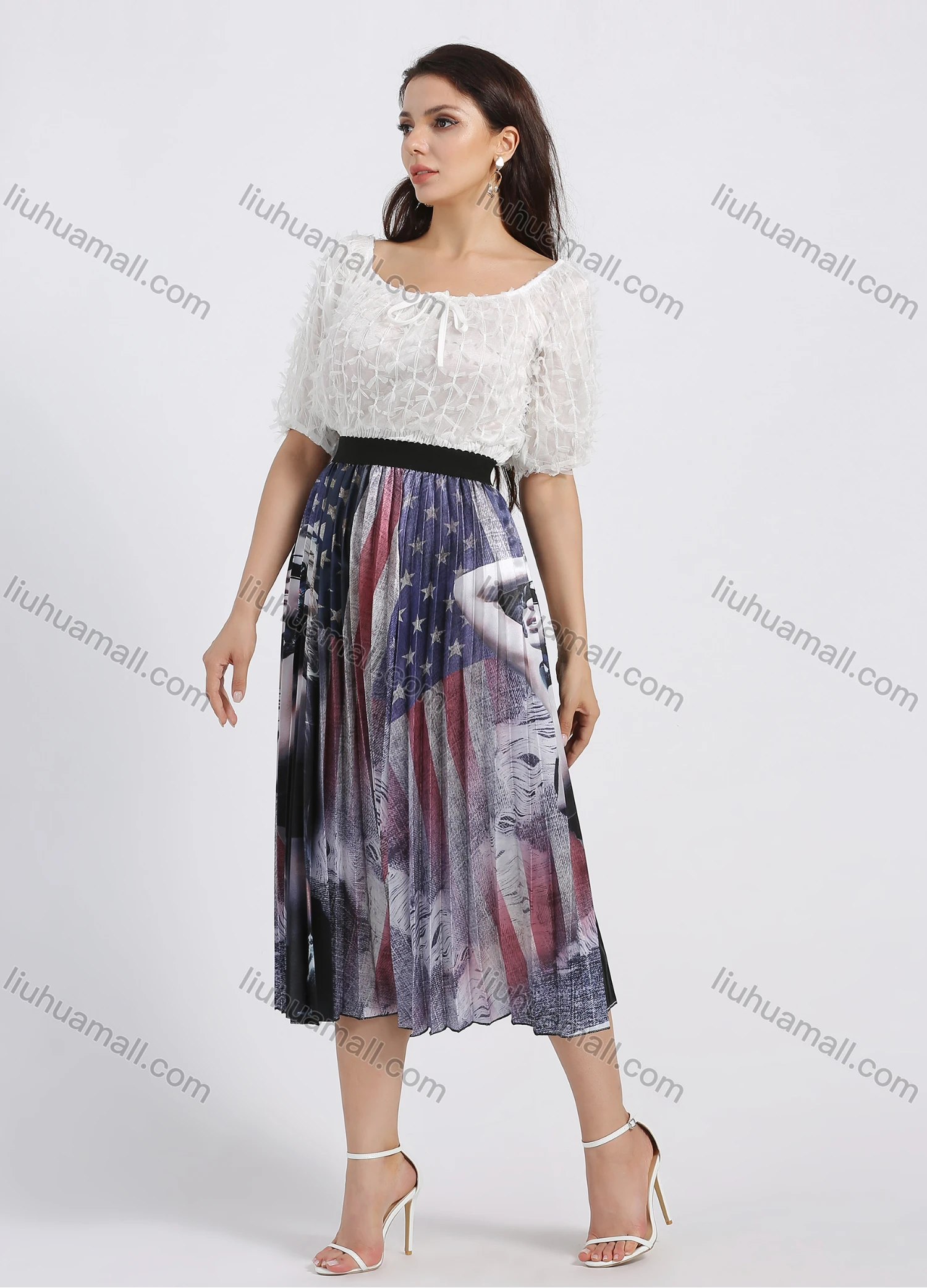 Wholesale Women's Fashion Flag & Figure Print Pleated Elastic Waist Midi Skirt - Liuhuamall