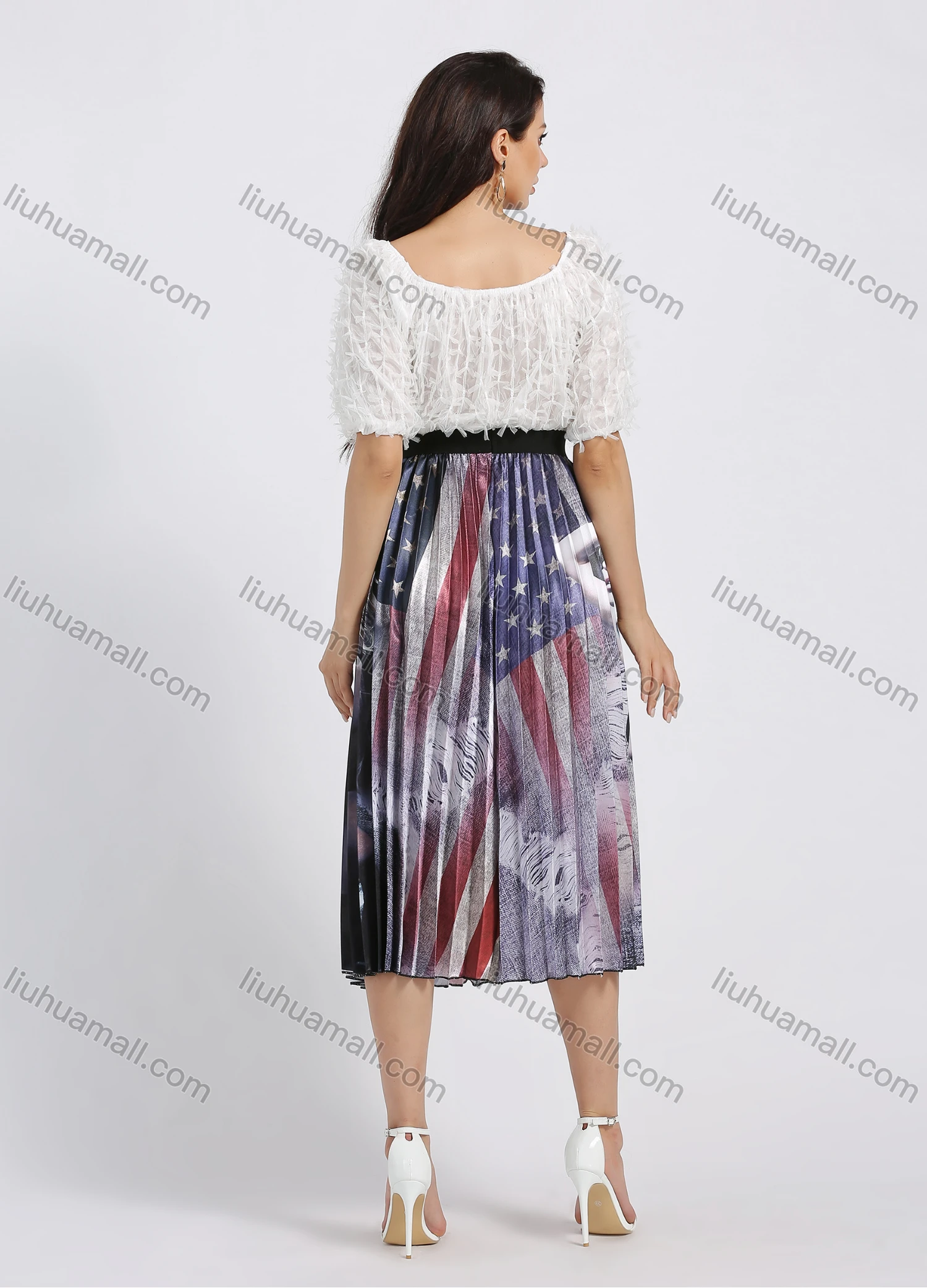 Wholesale Women's Fashion Flag & Figure Print Pleated Elastic Waist Midi Skirt - Liuhuamall