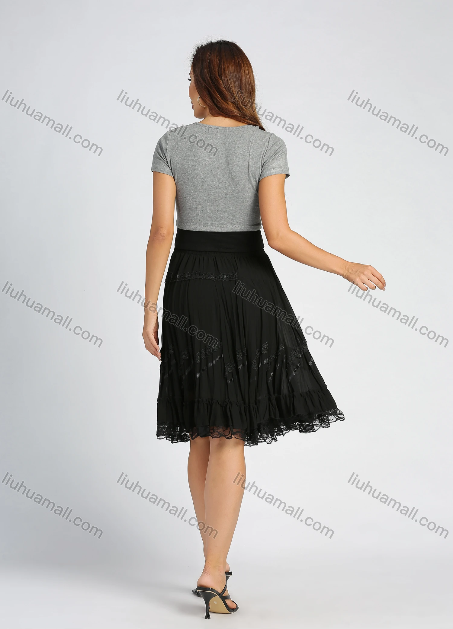 Wholesale Women's Elegant Embroidery Lace Elastic Waist Knee Length Pleated Skirt - Liuhuamall