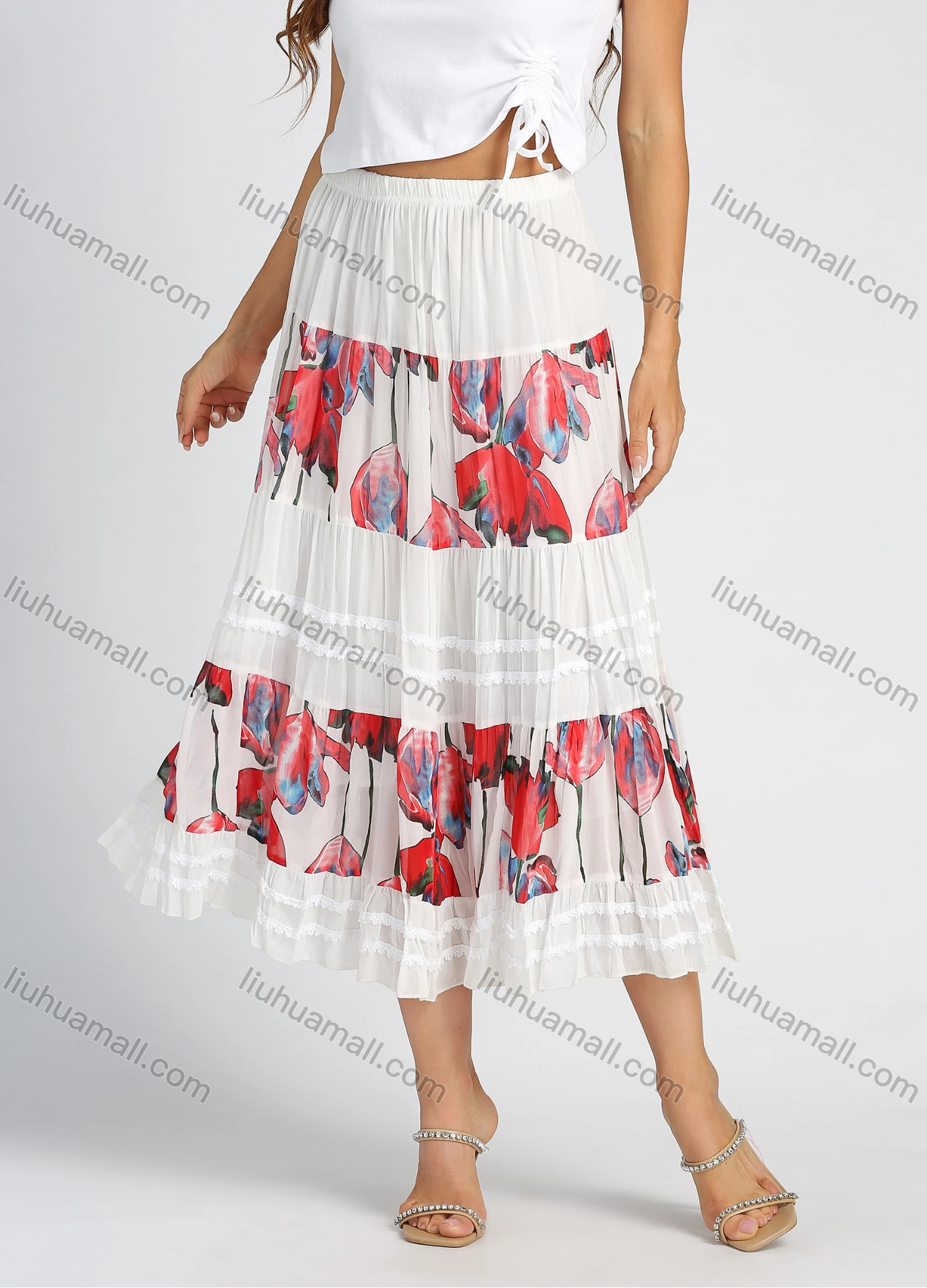 Wholesale Women's Chiffon Floral Print Splicing Elastic Waist Layered Casual Midi Skirt - Liuhuamall