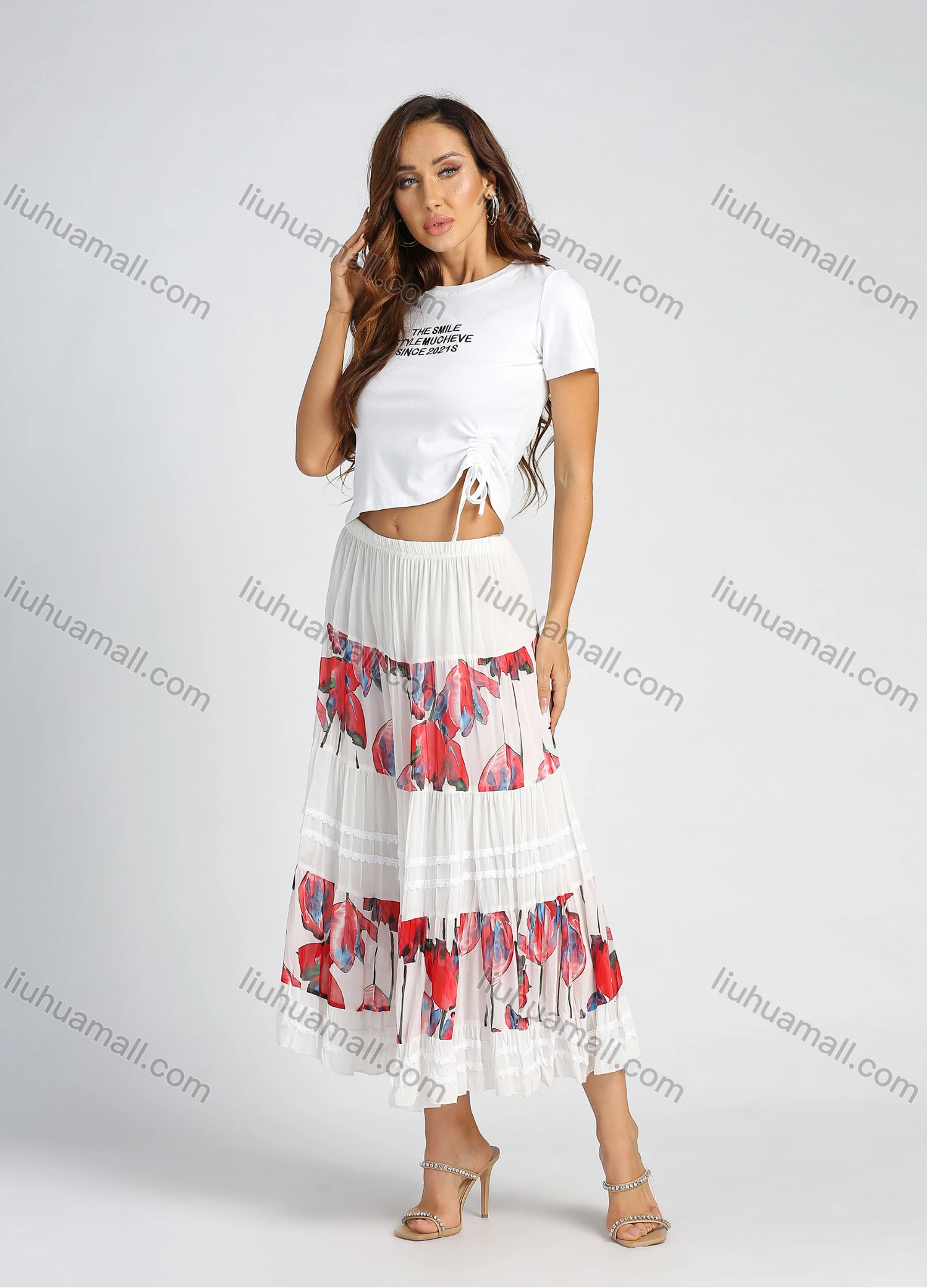 Wholesale Women's Chiffon Floral Print Splicing Elastic Waist Layered Casual Midi Skirt - Liuhuamall