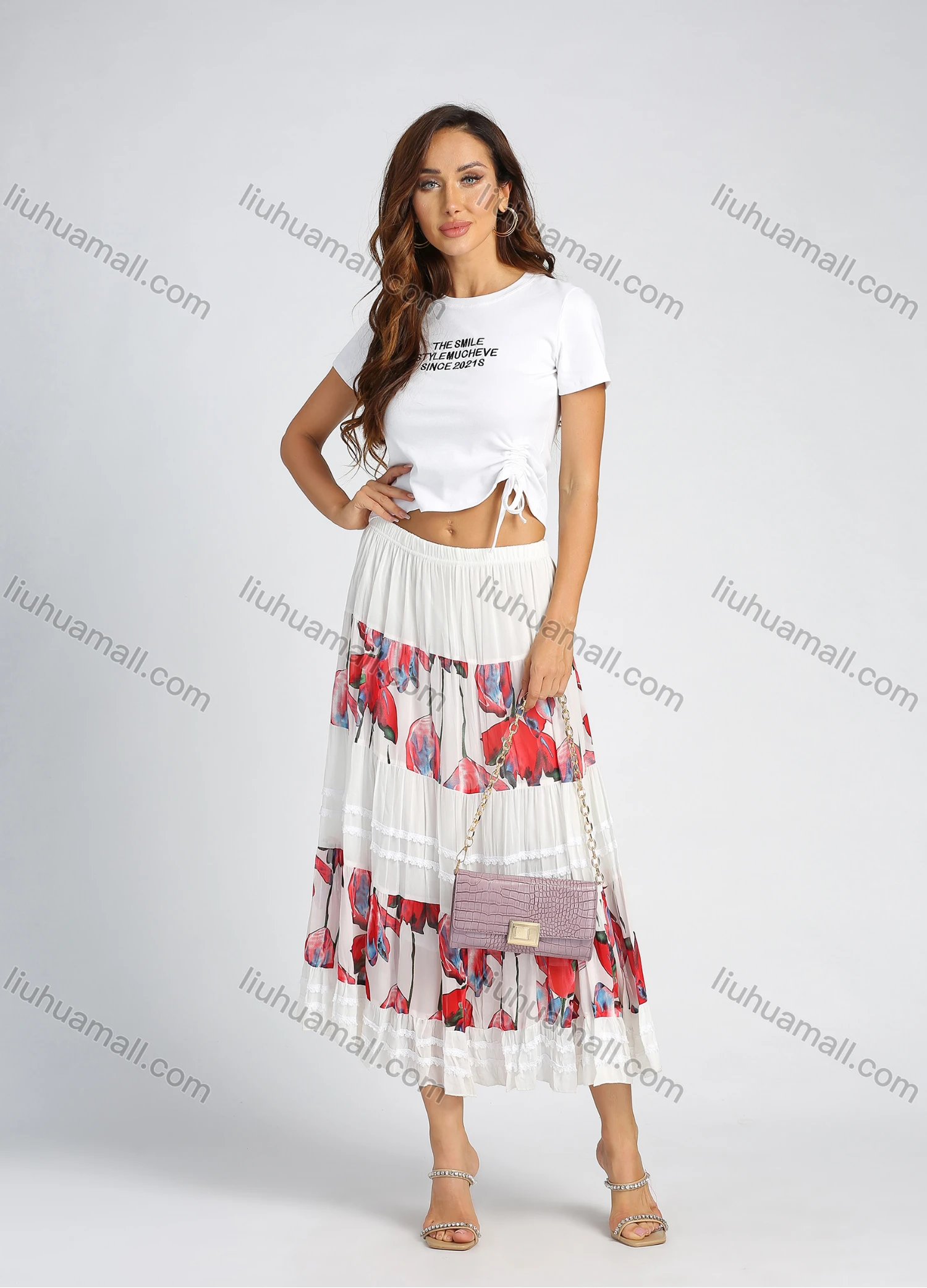 Wholesale Women's Chiffon Floral Print Splicing Elastic Waist Layered Casual Midi Skirt - Liuhuamall