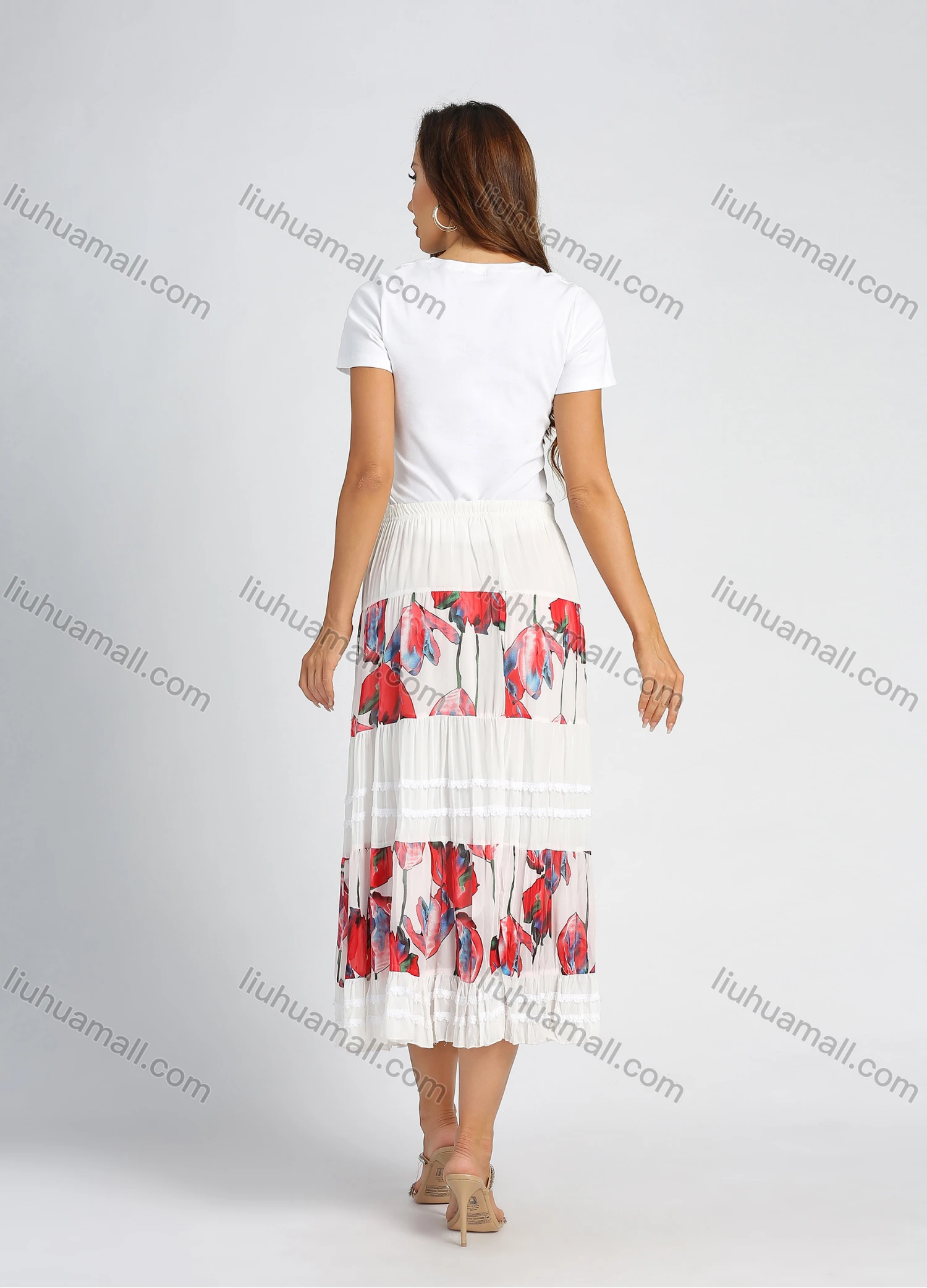 Wholesale Women's Chiffon Floral Print Splicing Elastic Waist Layered Casual Midi Skirt - Liuhuamall