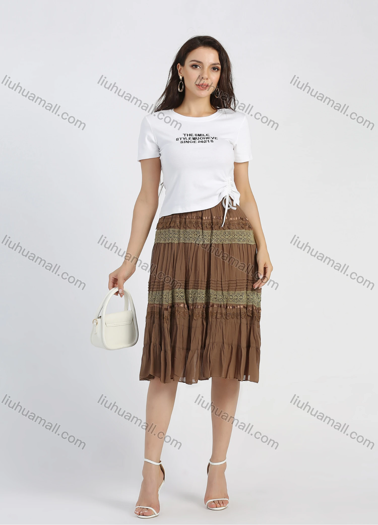 Wholesale Women's Chiffon Embroidery Lace Layered Ruched Knee Length Skirt - Liuhuamall