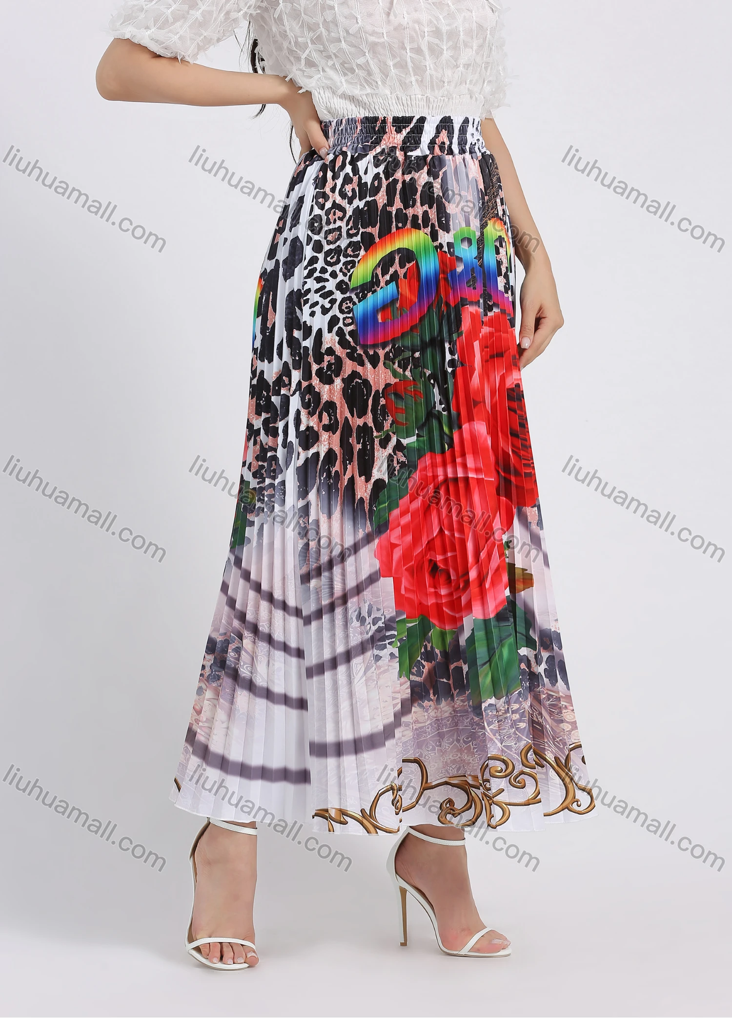 Wholesale Women's Fashion Leopard Letter Floral Graphic Pleated Elastic Waist Maxi Skirt - Liuhuamall