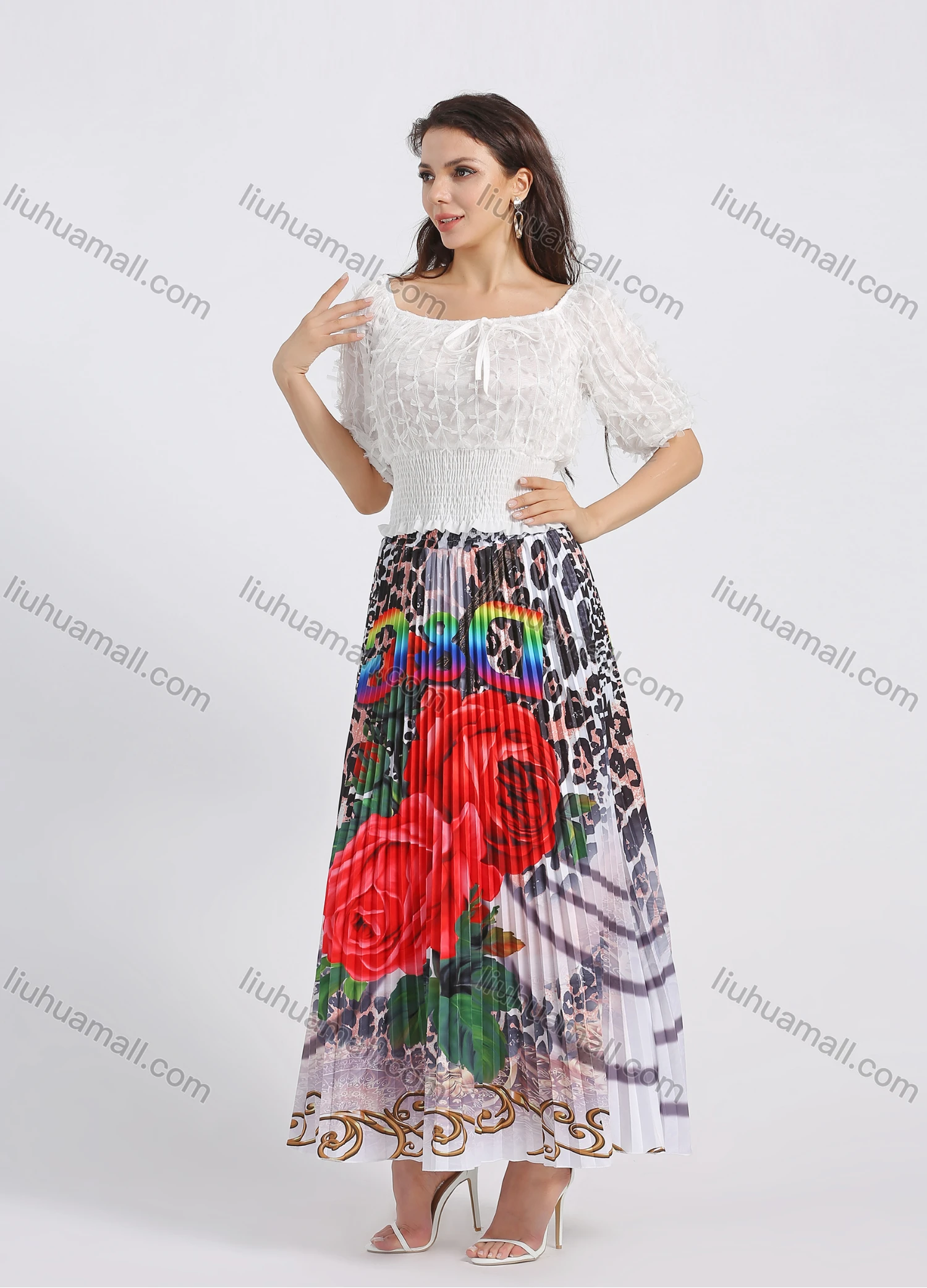 Wholesale Women's Fashion Leopard Letter Floral Graphic Pleated Elastic Waist Maxi Skirt - Liuhuamall