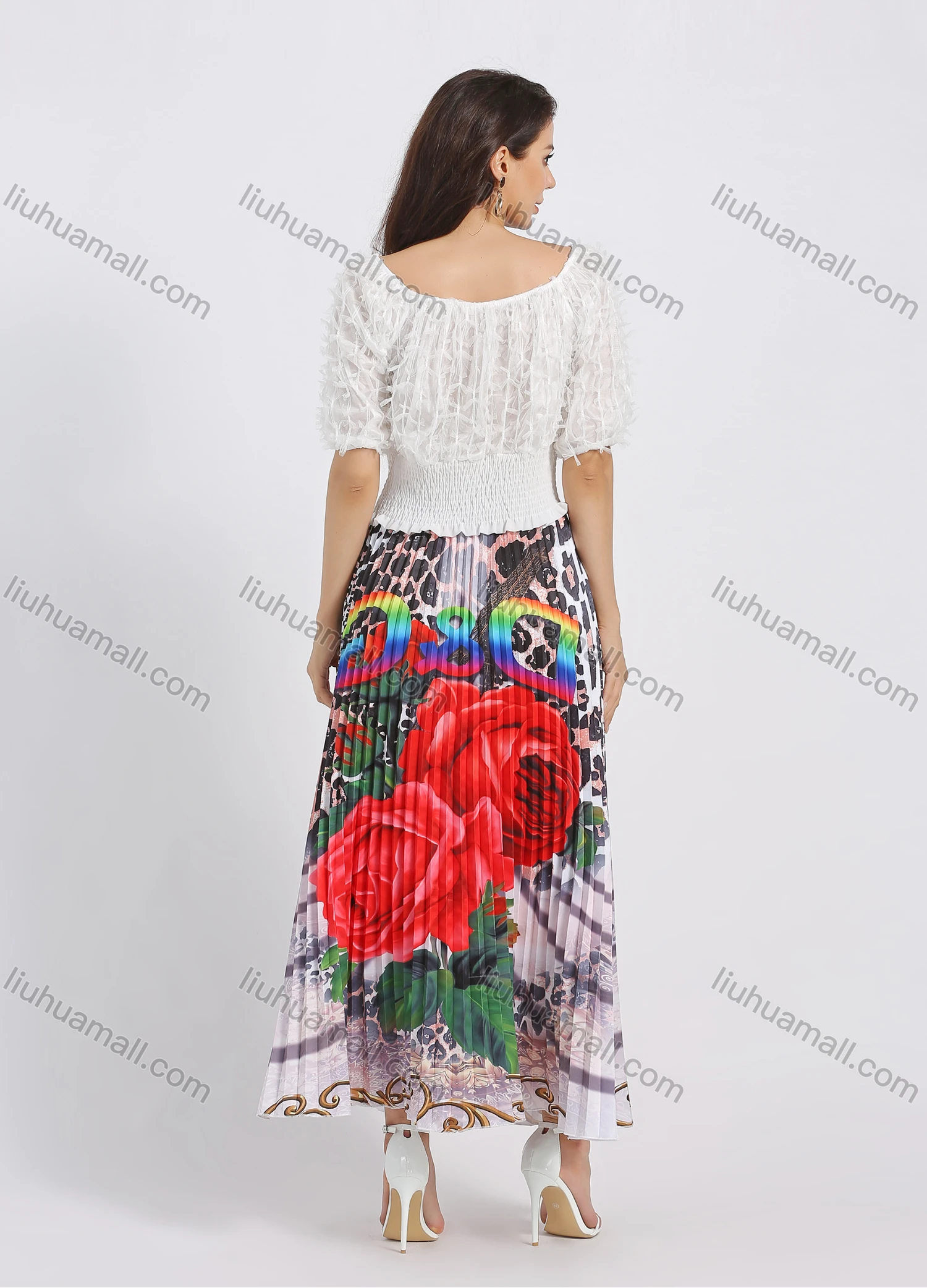 Wholesale Women's Fashion Leopard Letter Floral Graphic Pleated Elastic Waist Maxi Skirt - Liuhuamall