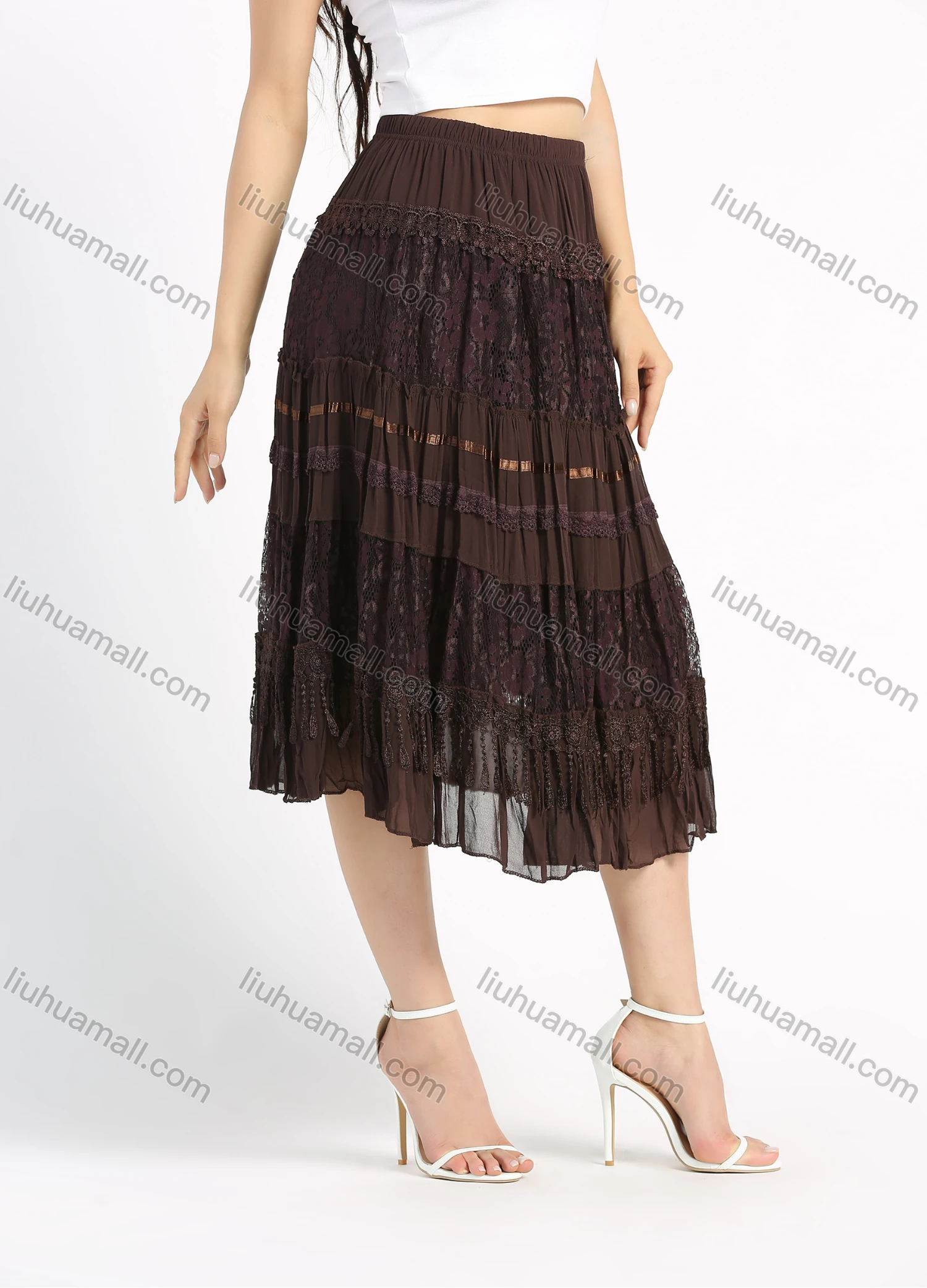 Wholesale Women's Chiffon Embroidery Lace Layered Ruched Midi Skirt - Liuhuamall
