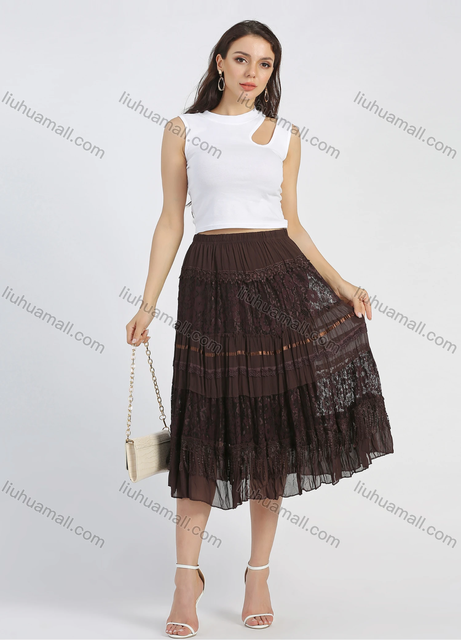 Wholesale Women's Chiffon Embroidery Lace Layered Ruched Midi Skirt - Liuhuamall