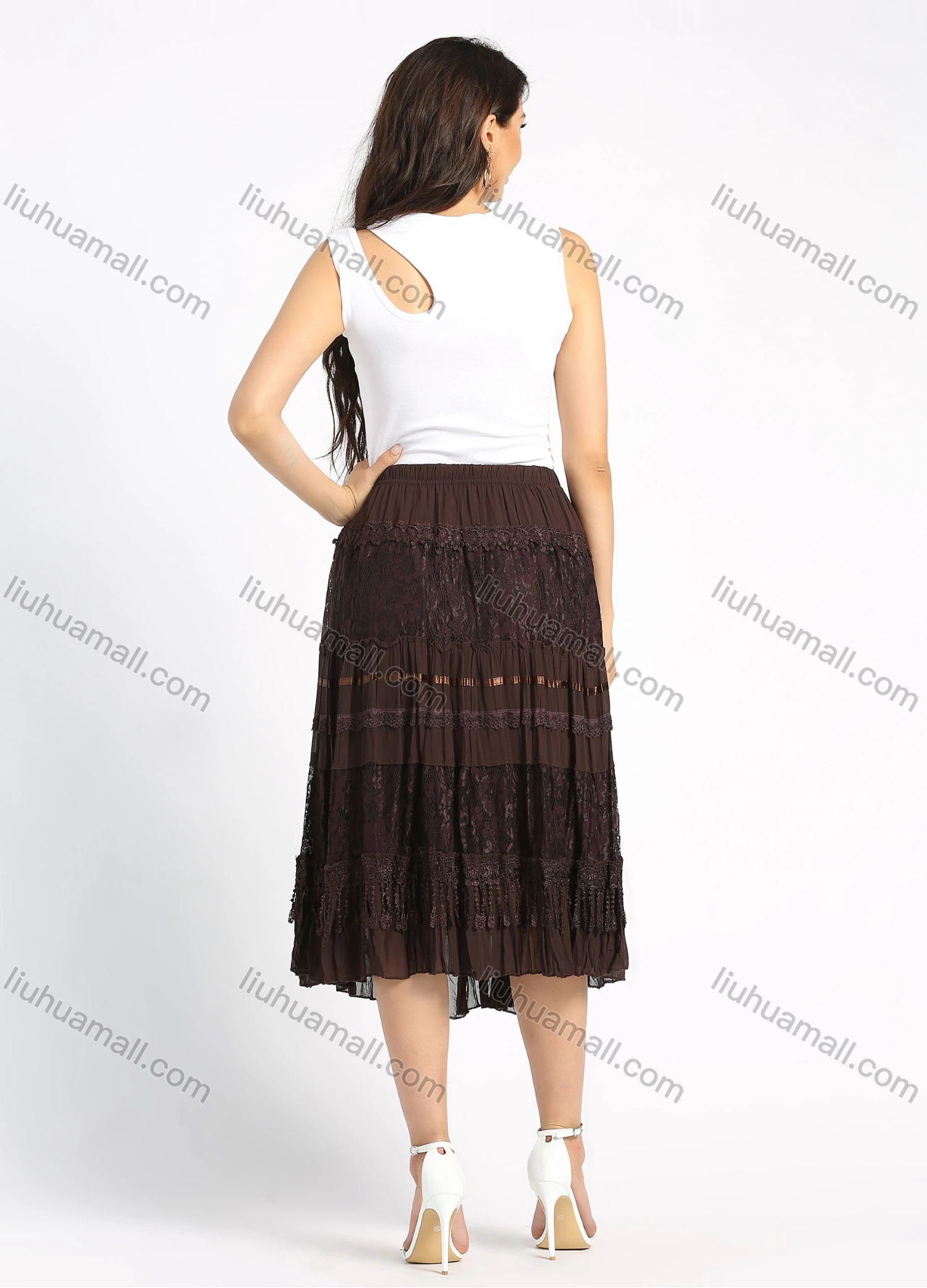 Wholesale Women's Chiffon Embroidery Lace Layered Ruched Midi Skirt - Liuhuamall