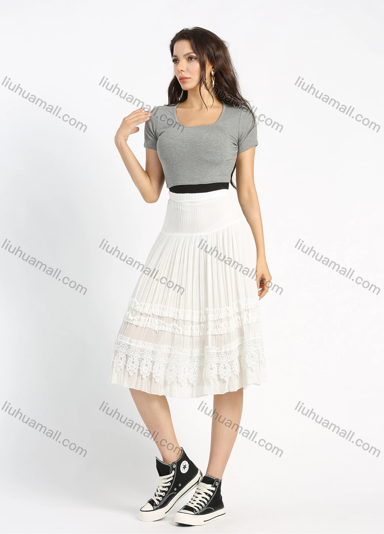 Wholesale Women's Chiffon Plain Embroidery Lace Layered Ruched Knee Length Skirt - Liuhuamall