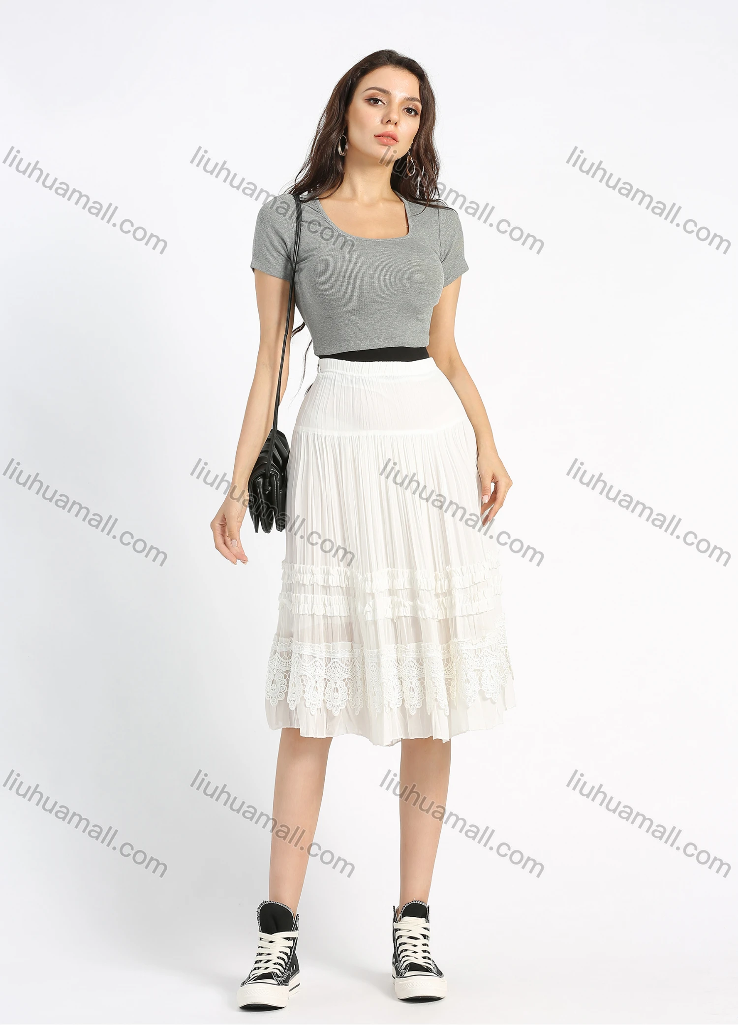 Wholesale Women's Chiffon Plain Embroidery Lace Layered Ruched Knee Length Skirt - Liuhuamall