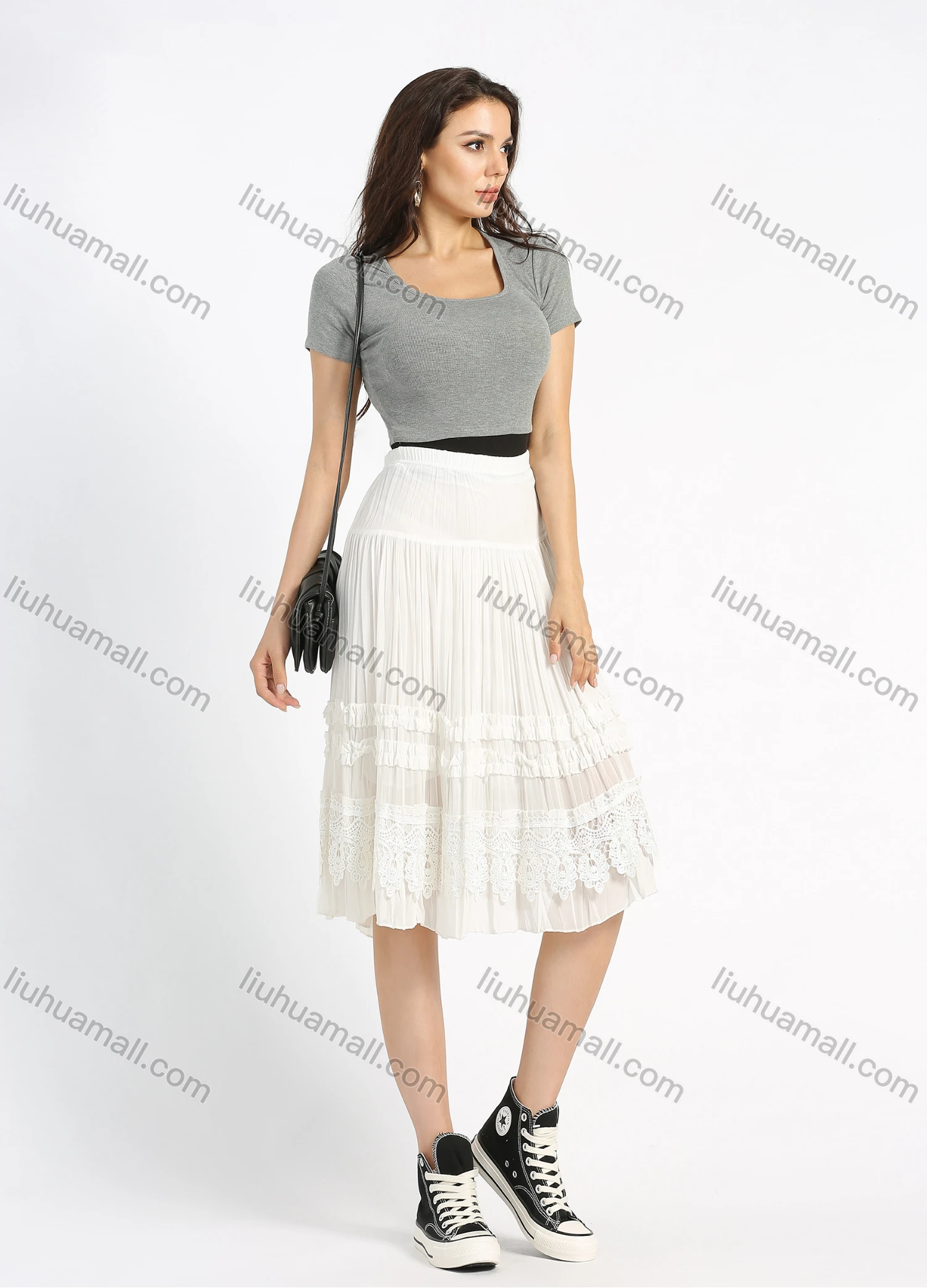 Wholesale Women's Chiffon Plain Embroidery Lace Layered Ruched Knee Length Skirt - Liuhuamall