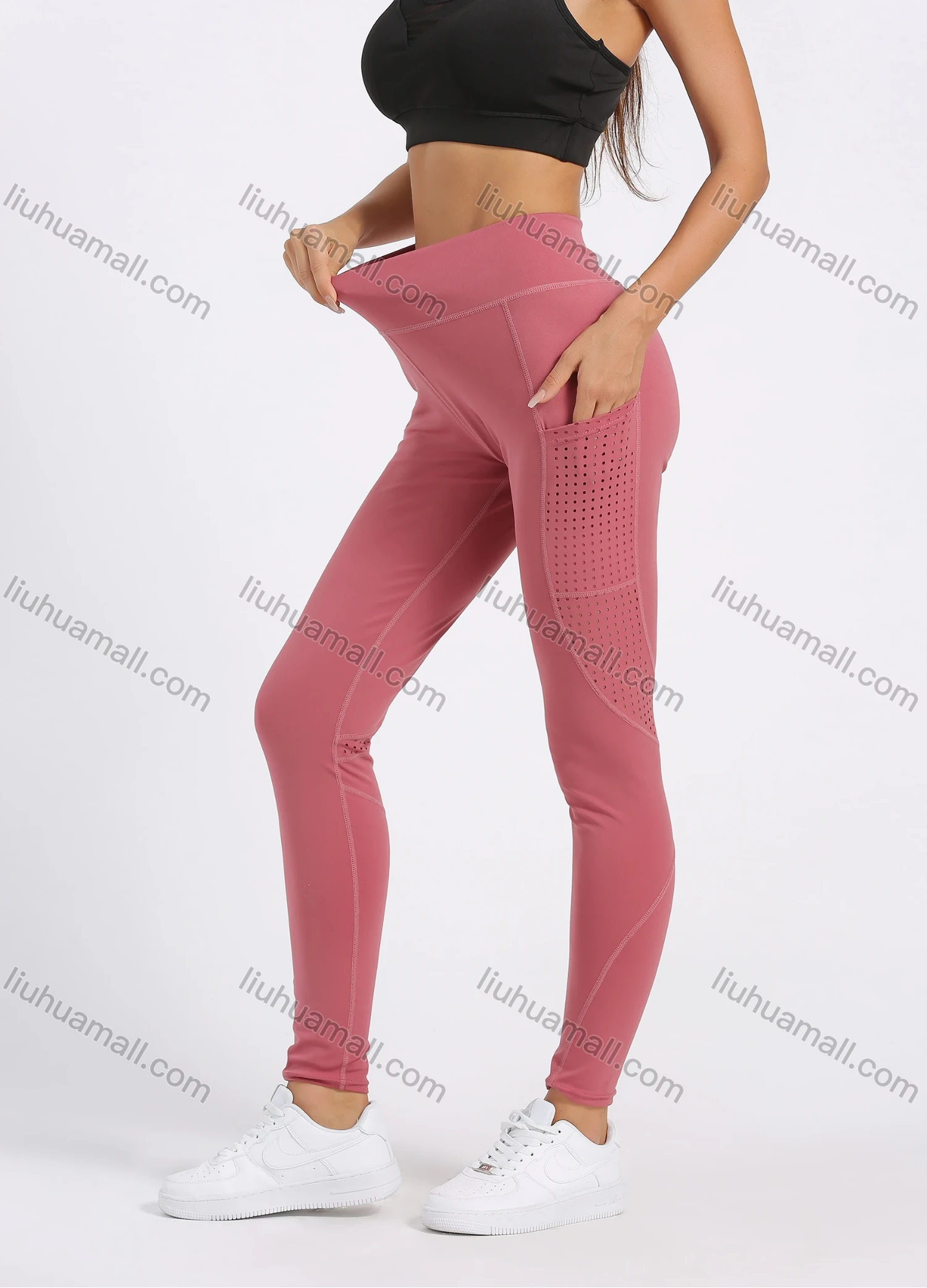 Wholesale Women's Sporty Plain High Waist Elastic Pockets Yoga Workout Leggings - Liuhuamall