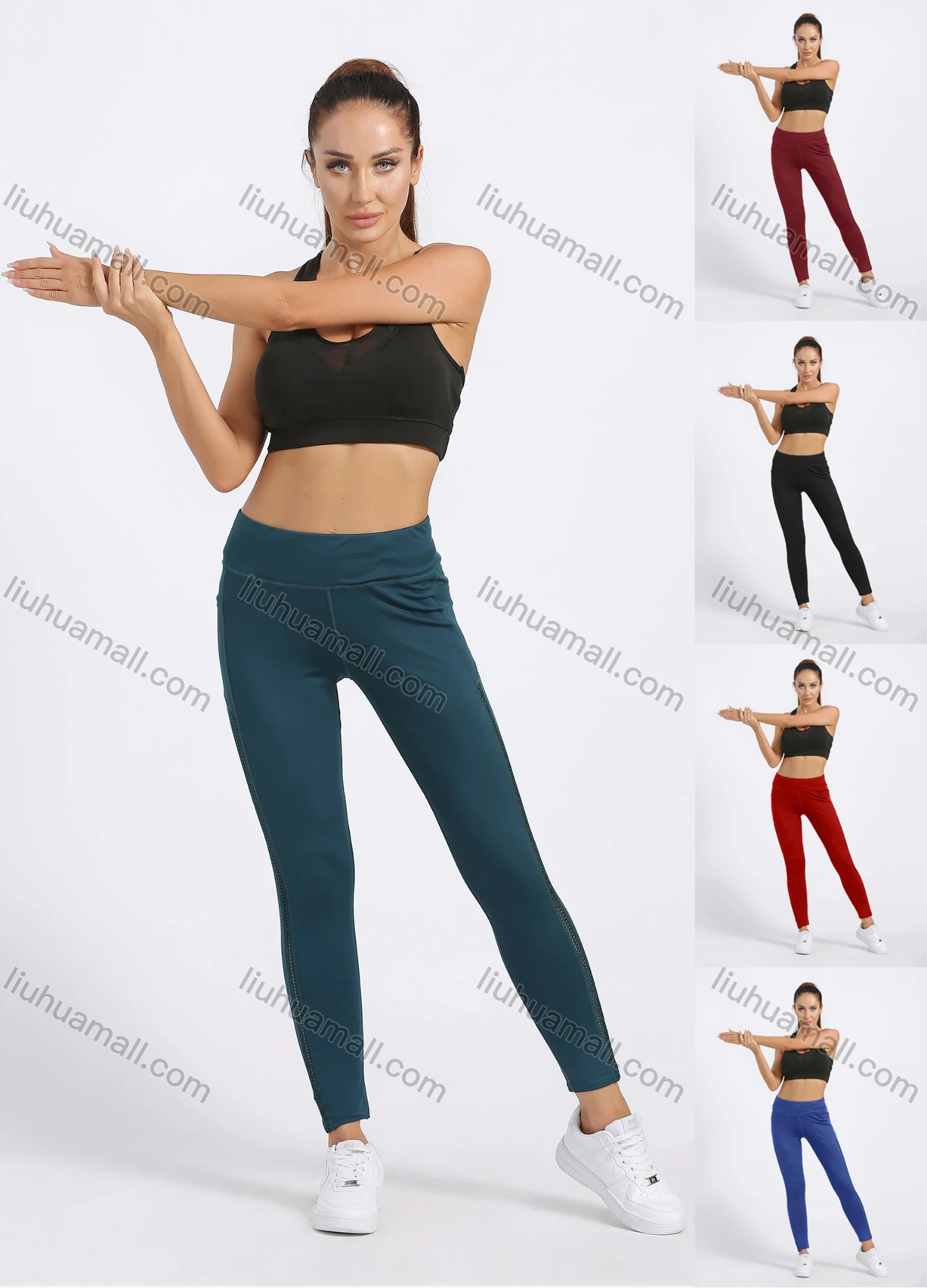 Wholesale Women's Sporty Plain Topstitch Sewing Pockets Elastic Workout Leggings - Liuhuamall