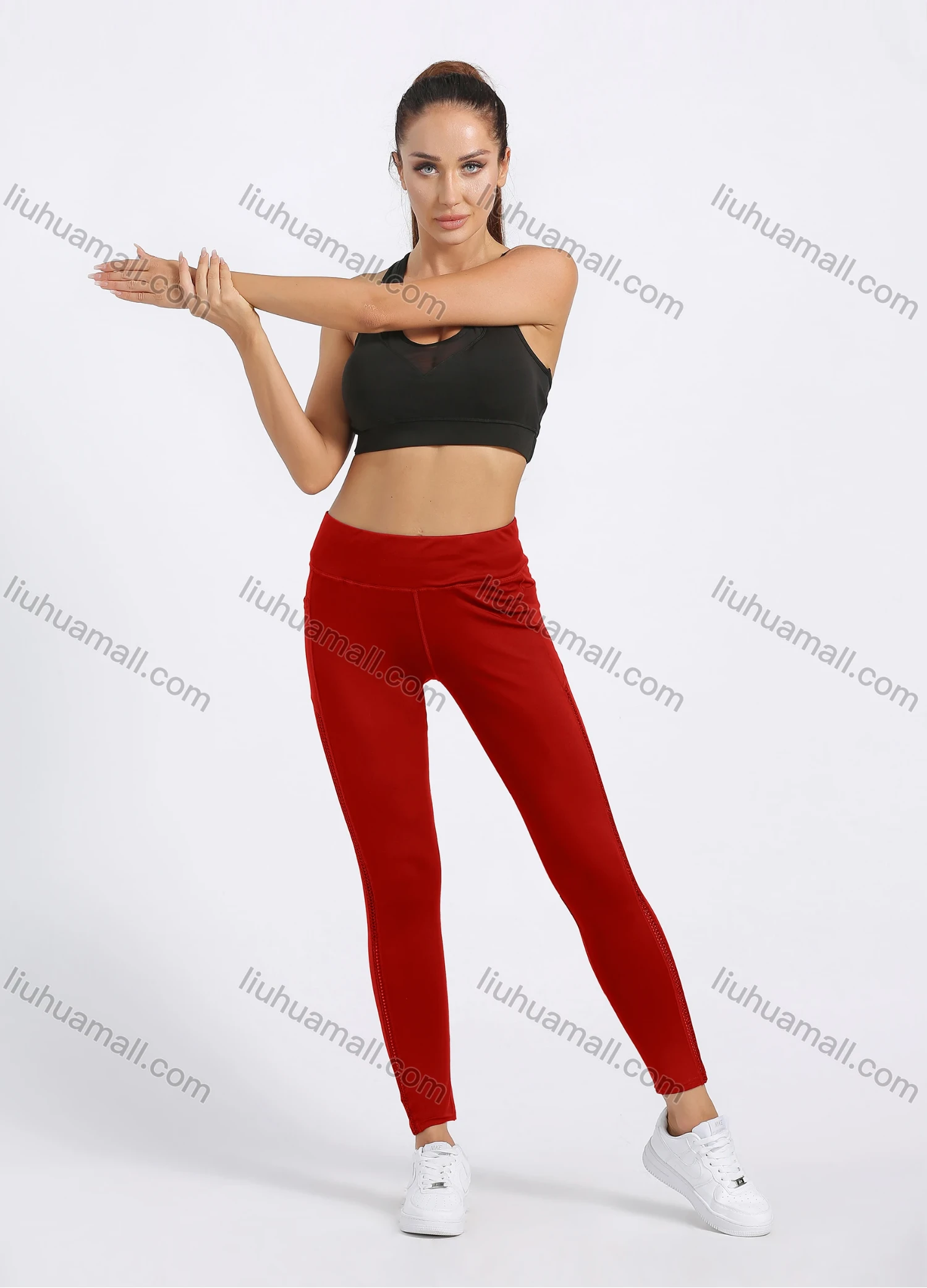 Wholesale Women's Sporty Plain Topstitch Sewing Pockets Elastic Workout Leggings - Liuhuamall
