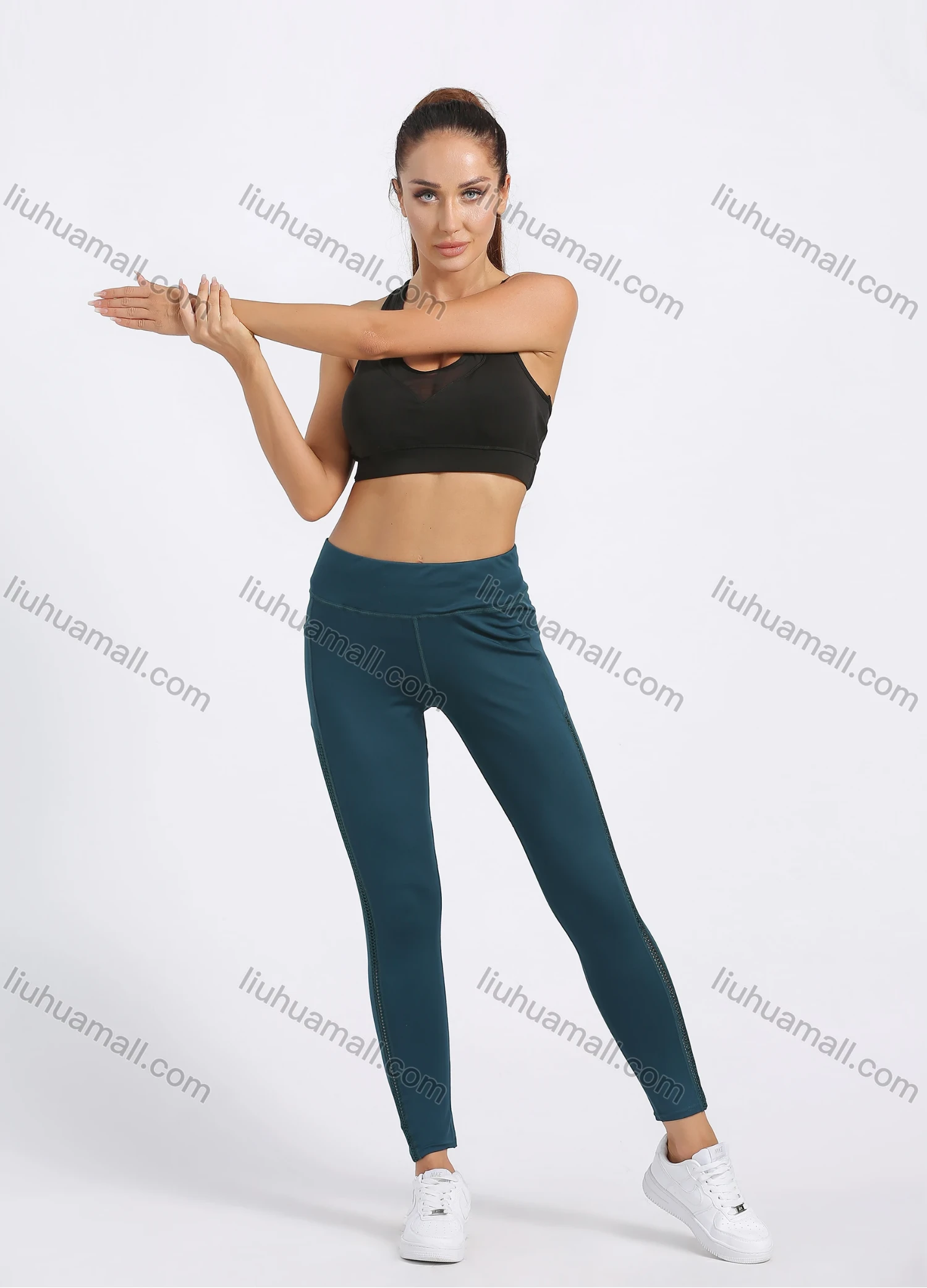 Wholesale Women's Sporty Plain Topstitch Sewing Pockets Elastic Workout Leggings - Liuhuamall