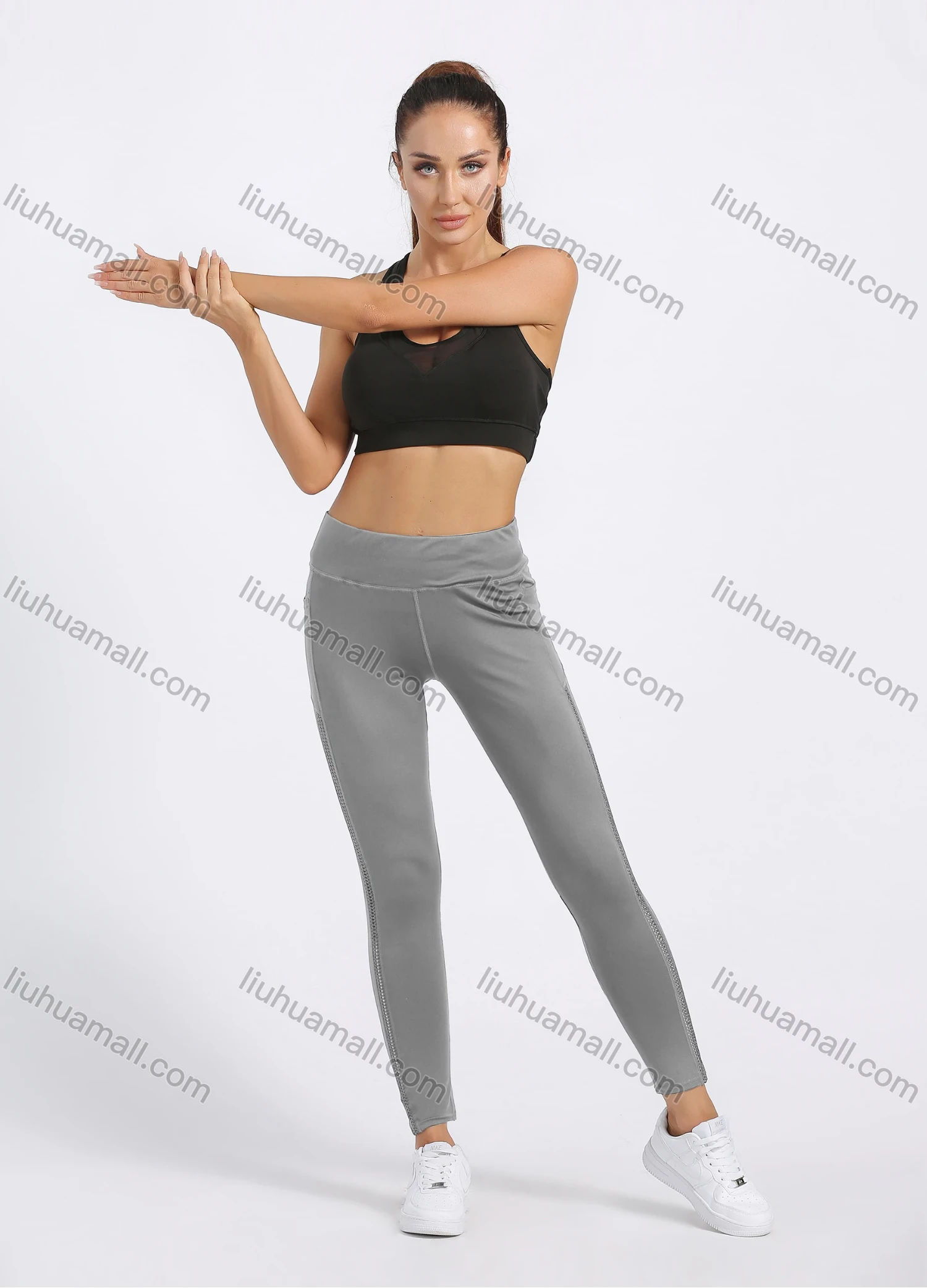 Wholesale Women's Sporty Plain Topstitch Sewing Pockets Elastic Workout Leggings - Liuhuamall