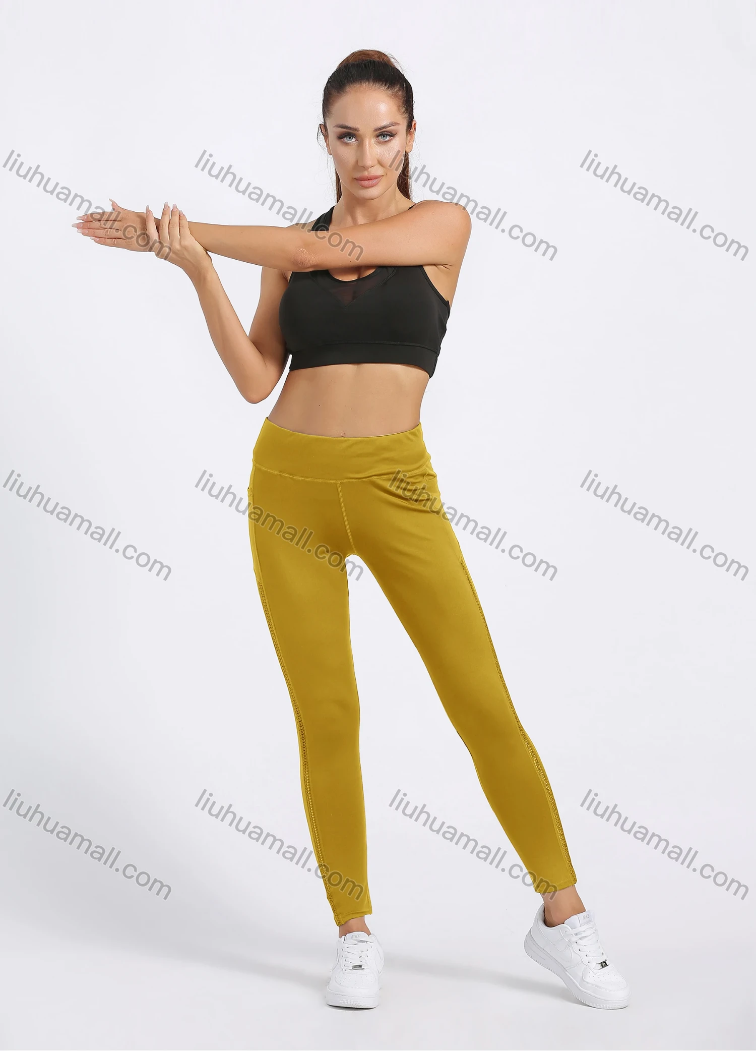 Wholesale Women's Sporty Plain Topstitch Sewing Pockets Elastic Workout Leggings - Liuhuamall