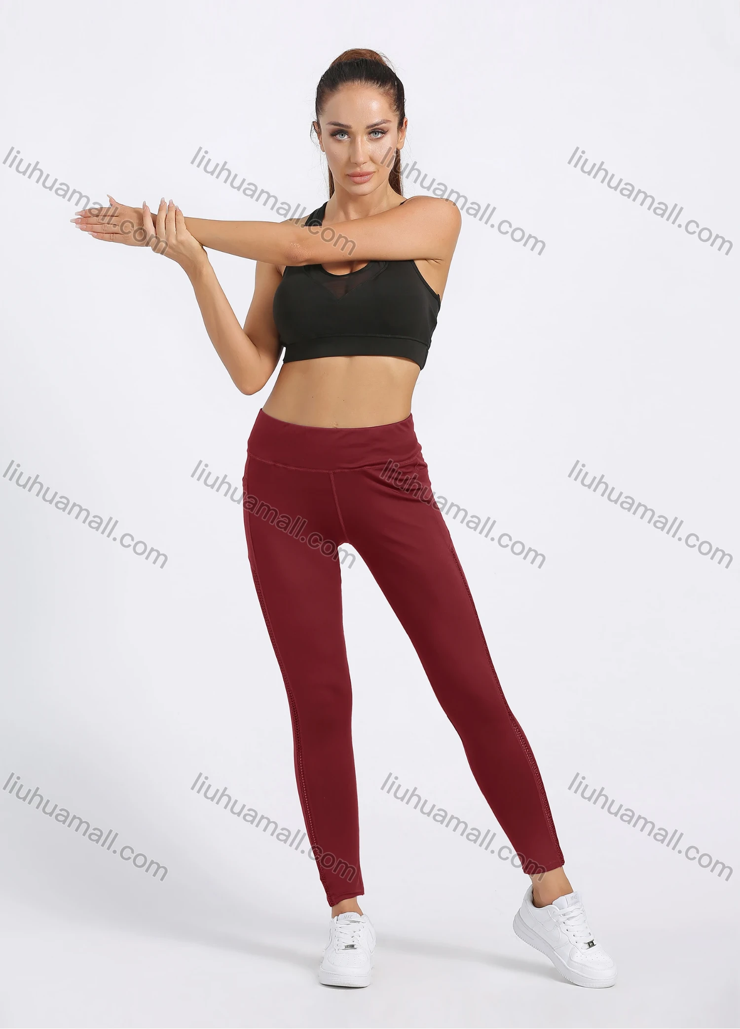 Wholesale Women's Sporty Plain Topstitch Sewing Pockets Elastic Workout Leggings - Liuhuamall