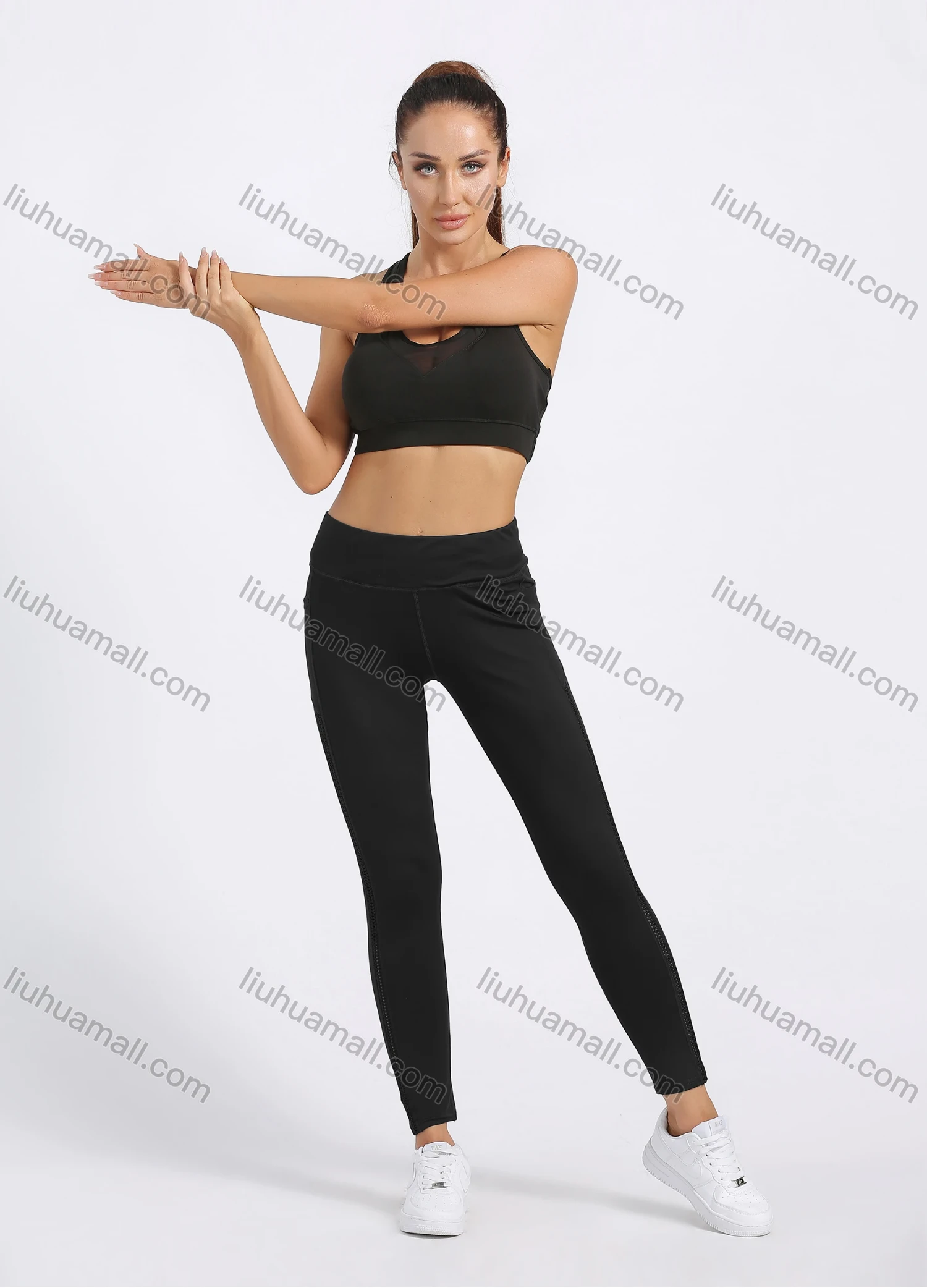 Wholesale Women's Sporty Plain Topstitch Sewing Pockets Elastic Workout Leggings - Liuhuamall