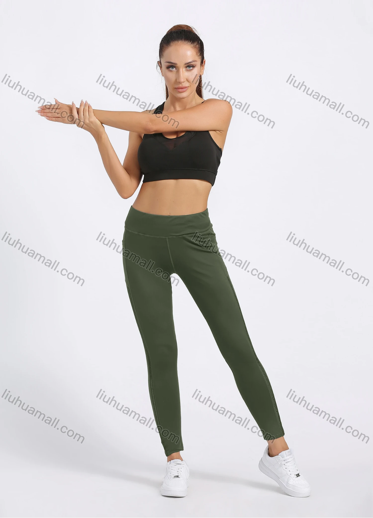 Wholesale Women's Sporty Plain Topstitch Sewing Pockets Elastic Workout Leggings - Liuhuamall