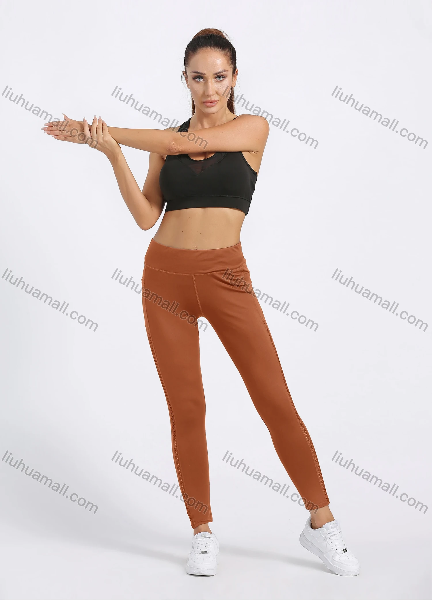 Wholesale Women's Sporty Plain Topstitch Sewing Pockets Elastic Workout Leggings - Liuhuamall