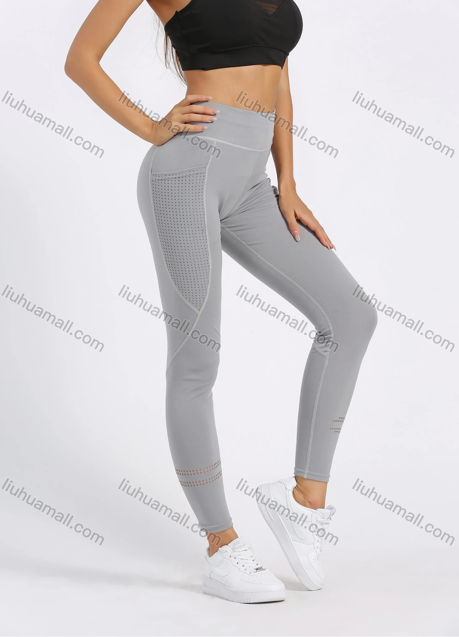 Wholesale Women's Sporty High Waist Plain Topstitch Sewing Mesh Pocket Workout Leggings - Liuhuamall