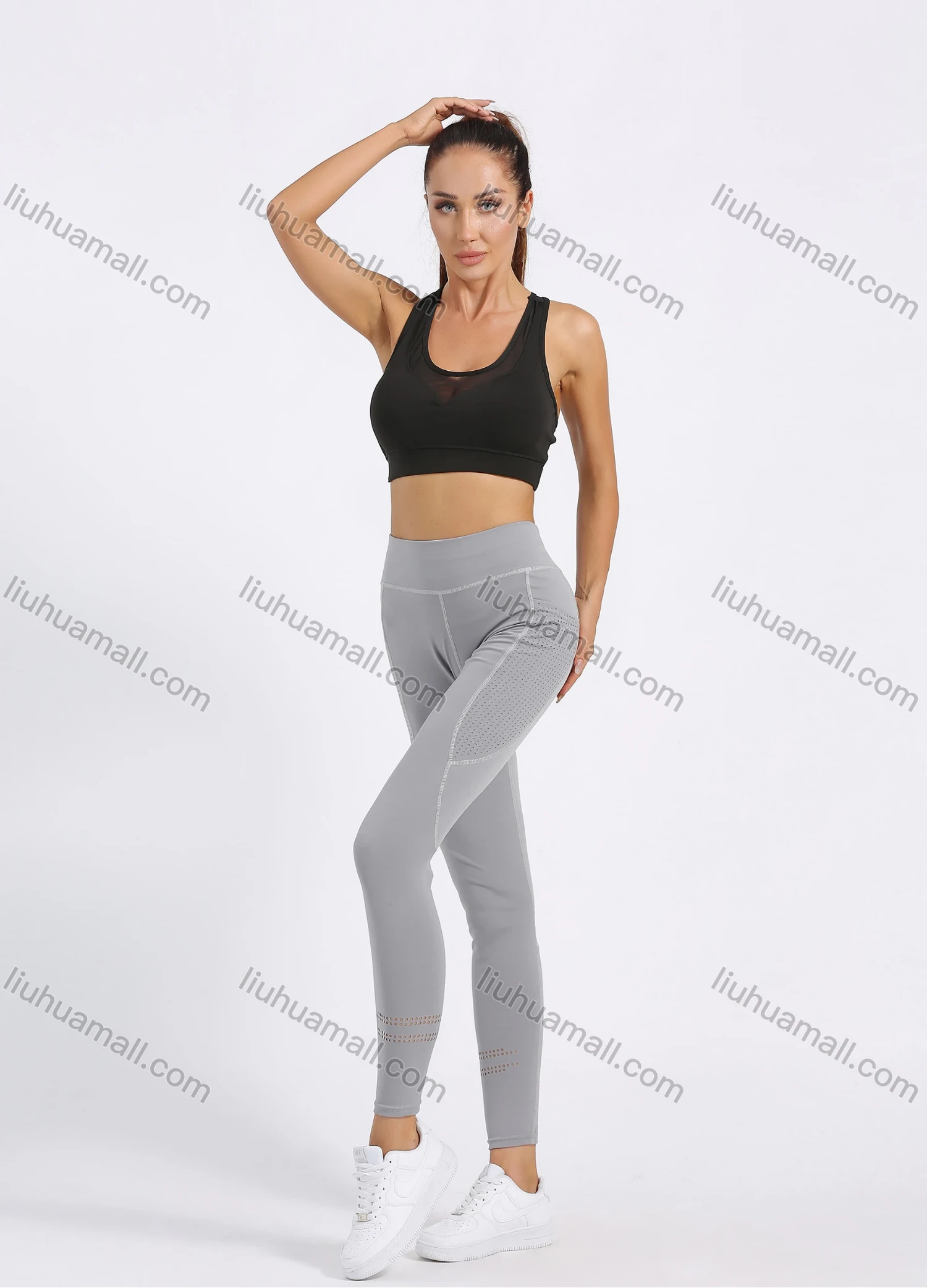 Wholesale Women's Sporty High Waist Plain Topstitch Sewing Mesh Pocket Workout Leggings - Liuhuamall