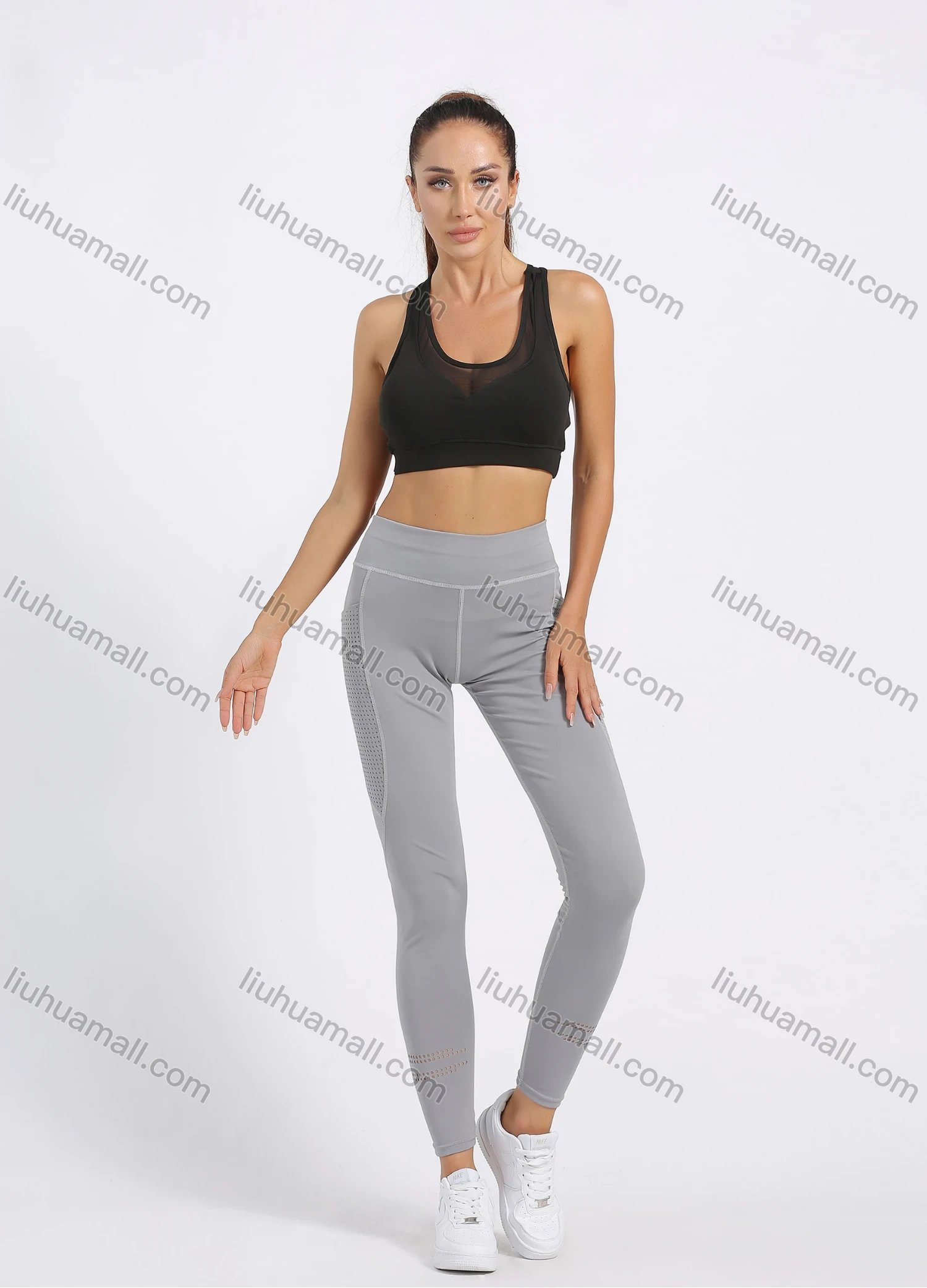 Wholesale Women's Sporty High Waist Plain Topstitch Sewing Mesh Pocket Workout Leggings - Liuhuamall