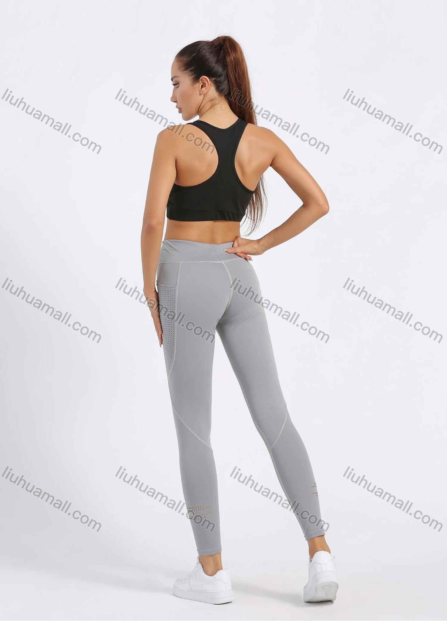Wholesale Women's Sporty High Waist Plain Topstitch Sewing Mesh Pocket Workout Leggings - Liuhuamall