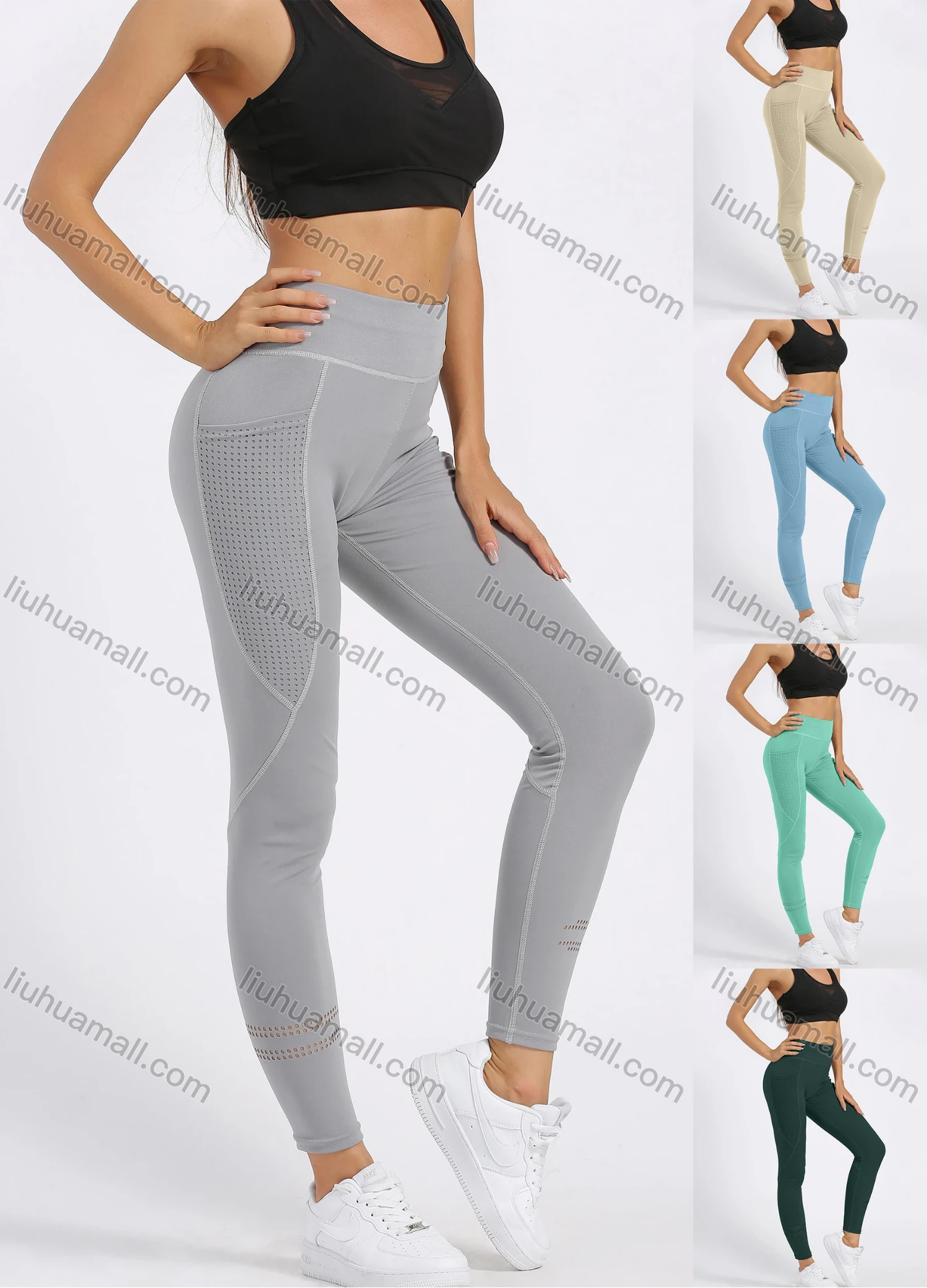 Wholesale Women's Sporty High Waist Plain Topstitch Sewing Mesh Pocket Workout Leggings - Liuhuamall