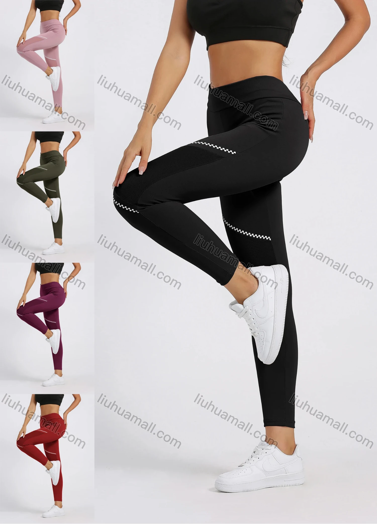 Wholesale Women's Sporty High Waist Mesh Patchwork Elastic Workout Leggings - Liuhuamall