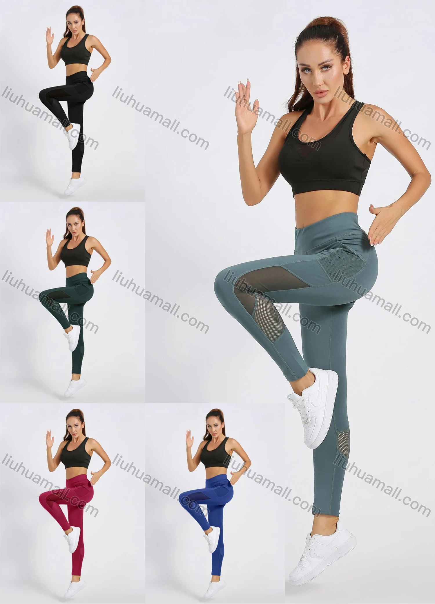 Wholesale Women's High Waist Plain Mesh Splicing Workout Leggings - Liuhuamall