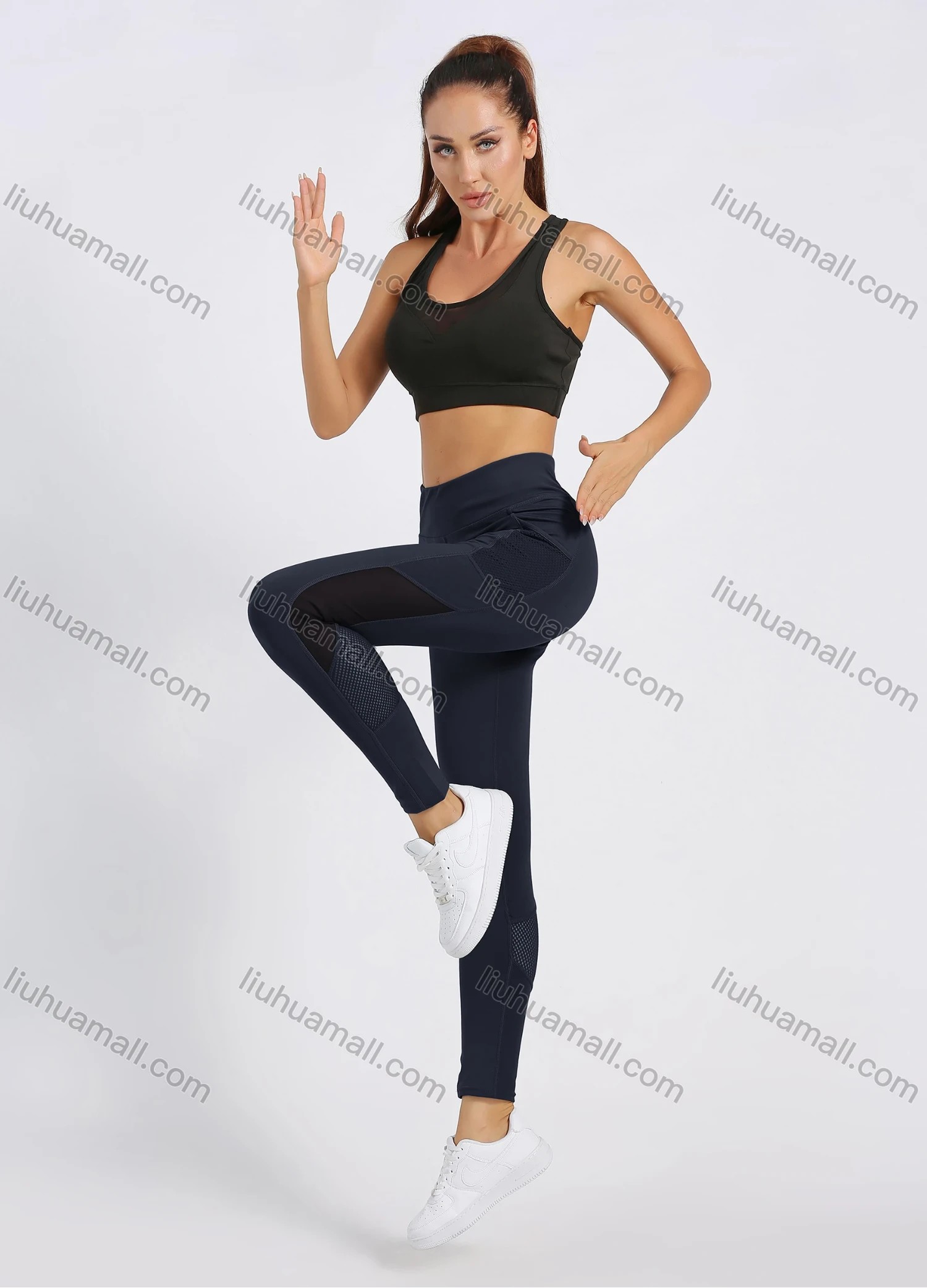 Wholesale Women's High Waist Plain Mesh Splicing Workout Leggings - Liuhuamall