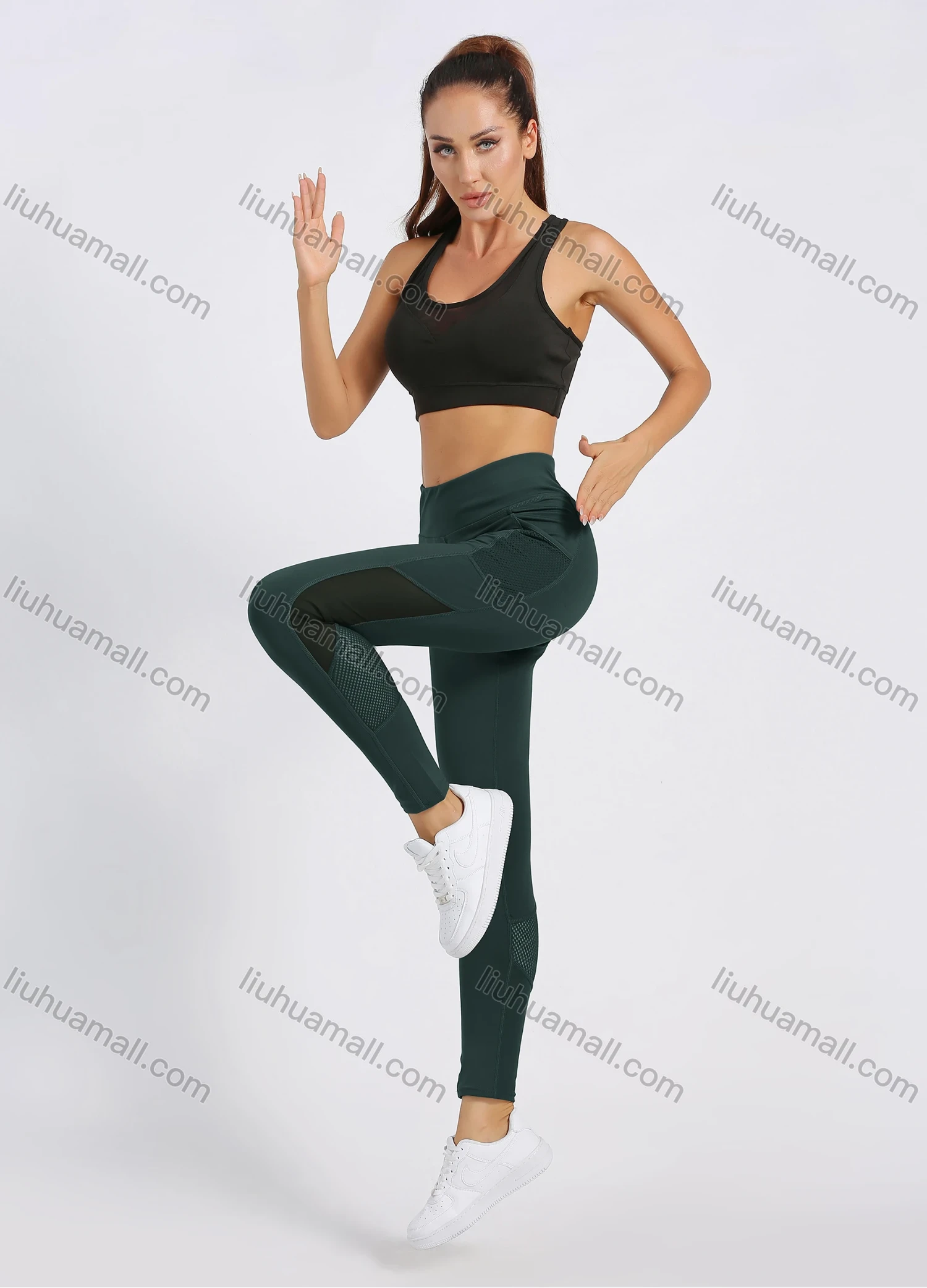 Wholesale Women's High Waist Plain Mesh Splicing Workout Leggings - Liuhuamall