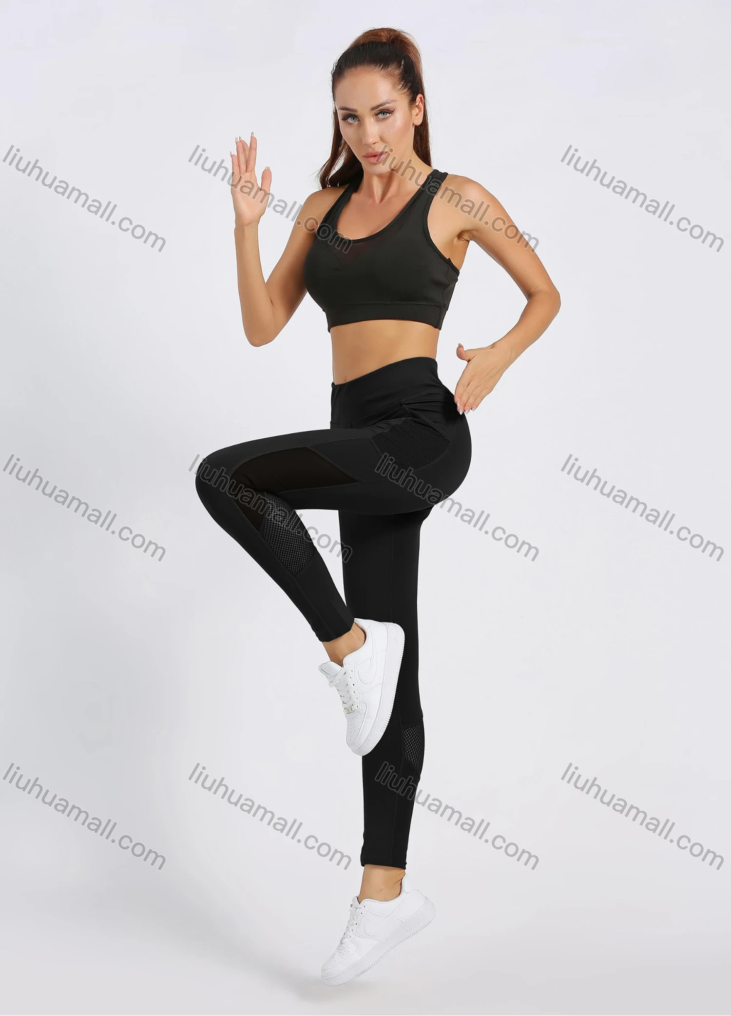 Wholesale Women's High Waist Plain Mesh Splicing Workout Leggings - Liuhuamall