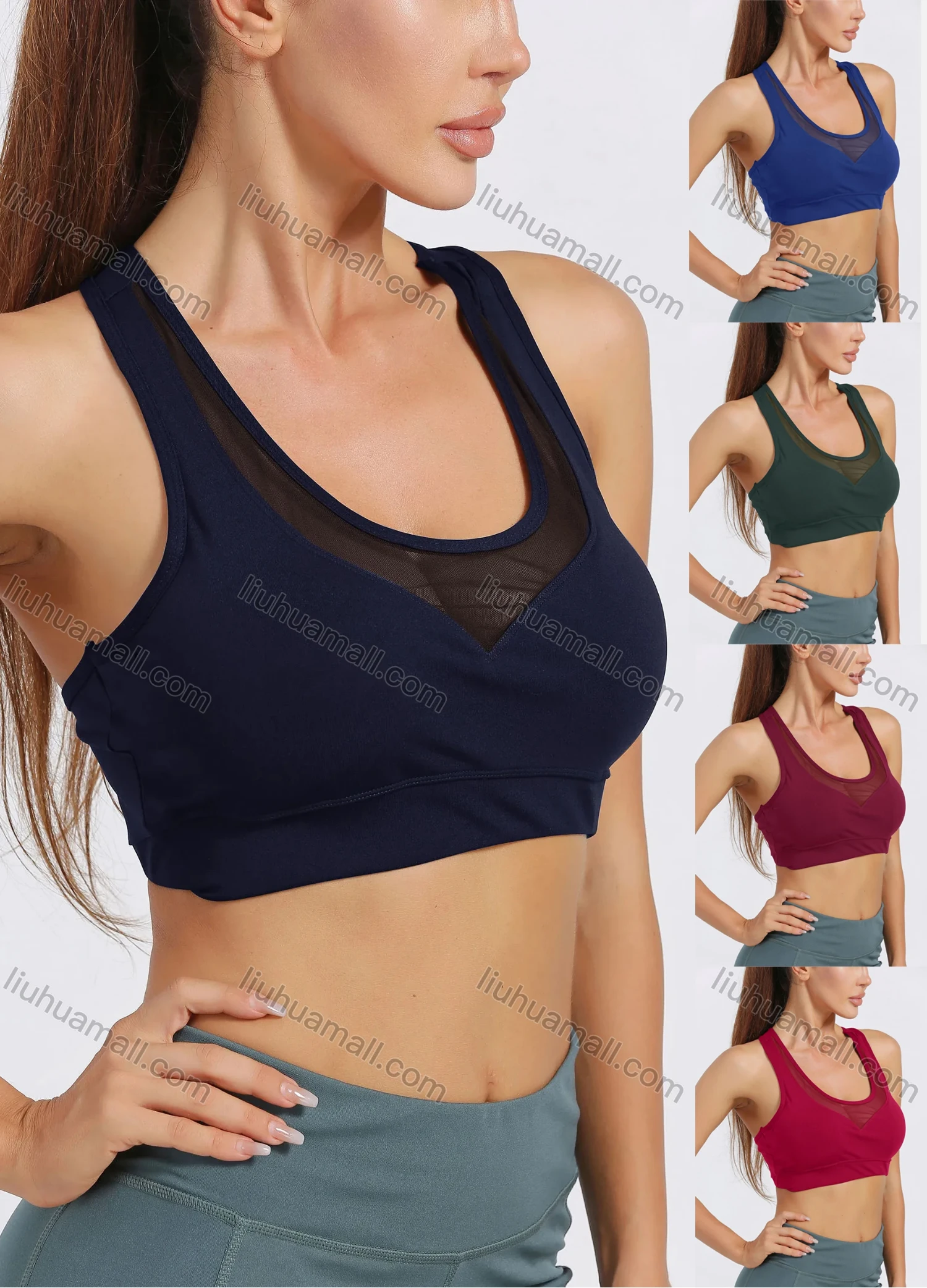 Wholesale Women's Sporty Scoop Neck Racerback Plain Mesh Splicing Crop Tank Top - Liuhuamall