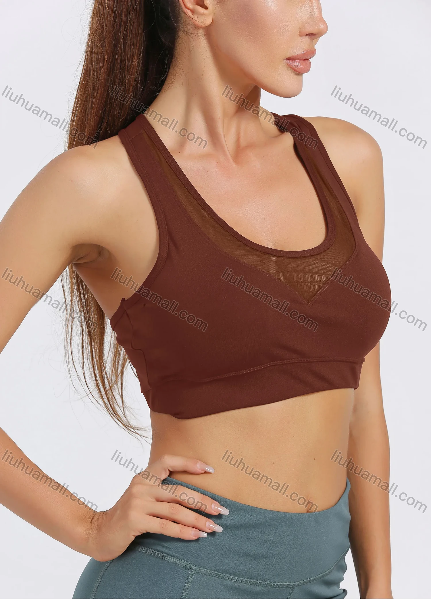 Wholesale Women's Sporty Scoop Neck Racerback Plain Mesh Splicing Crop Tank Top - Liuhuamall