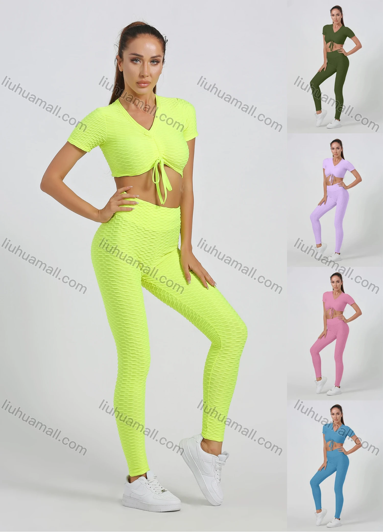 Wholesale Women's V Neck Tie Front Crop Top With High Waist Legging Sporty 2 Piece Set - Liuhuamall