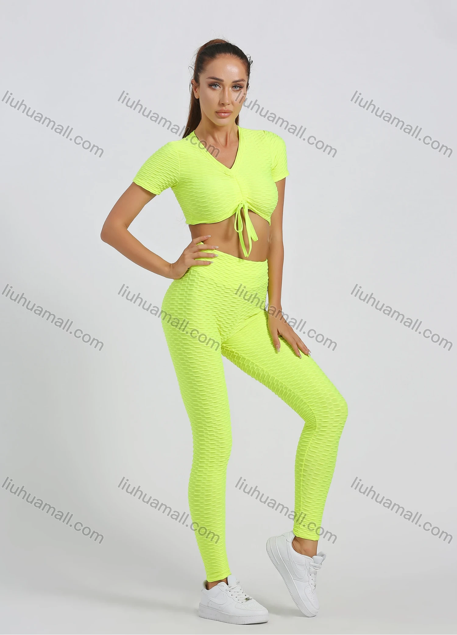 Wholesale Women's V Neck Tie Front Crop Top With High Waist Legging Sporty 2 Piece Set - Liuhuamall