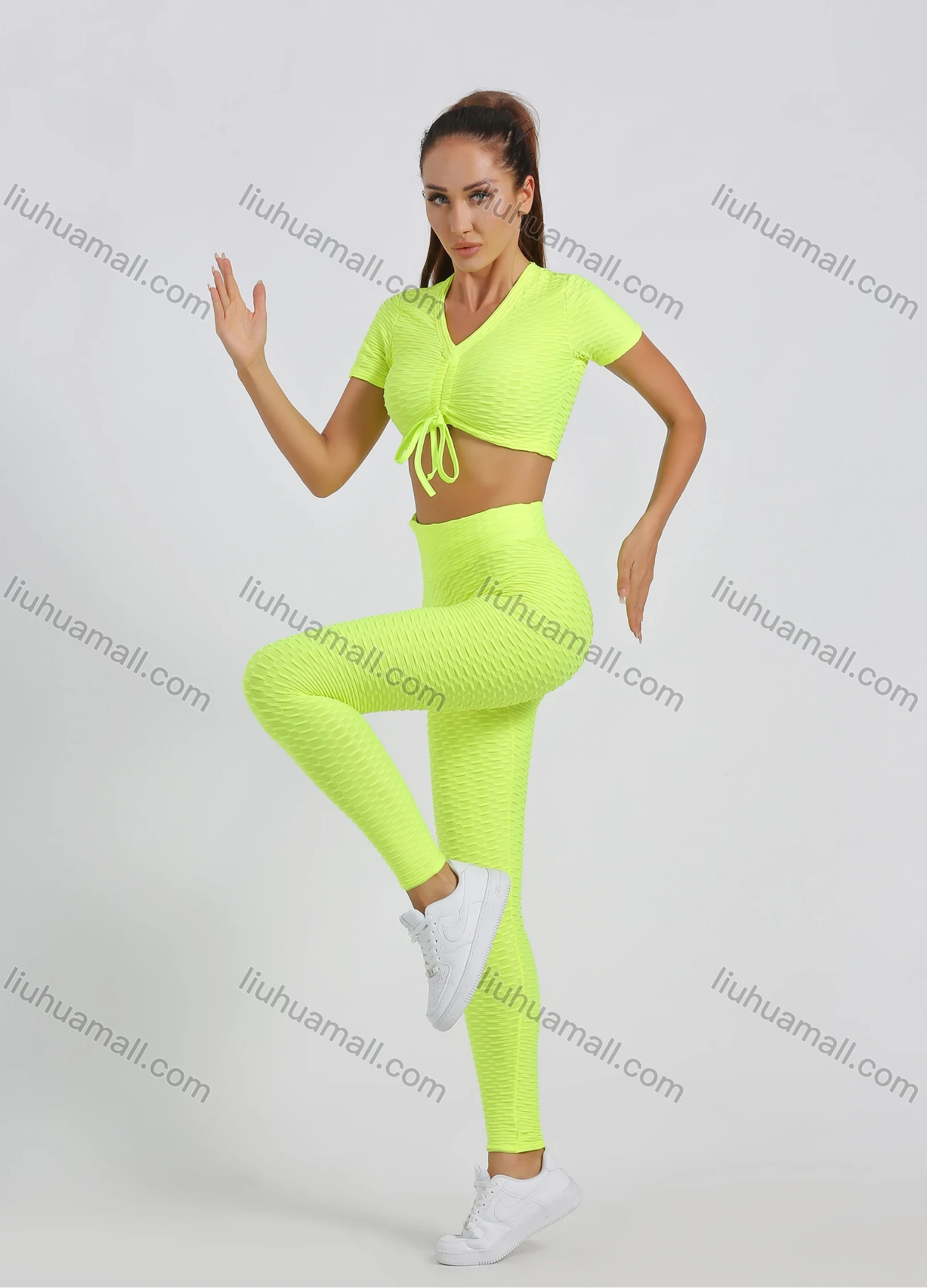 Wholesale Women's V Neck Tie Front Crop Top With High Waist Legging Sporty 2 Piece Set - Liuhuamall